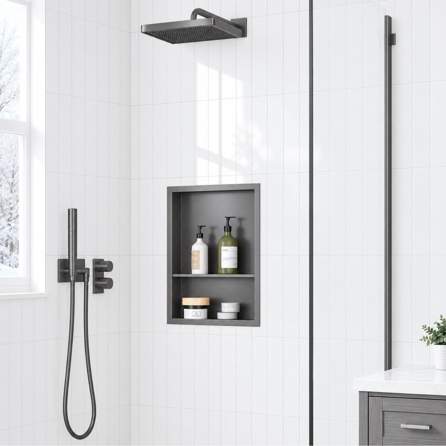 20 x 16 Inch Stainless Steel Shower Niche, No Tile Needed Wall Niche with Double Shelves, Recessed Wall Niche Insert for Bathroom Shower Kitchen Storage, Gun Gray