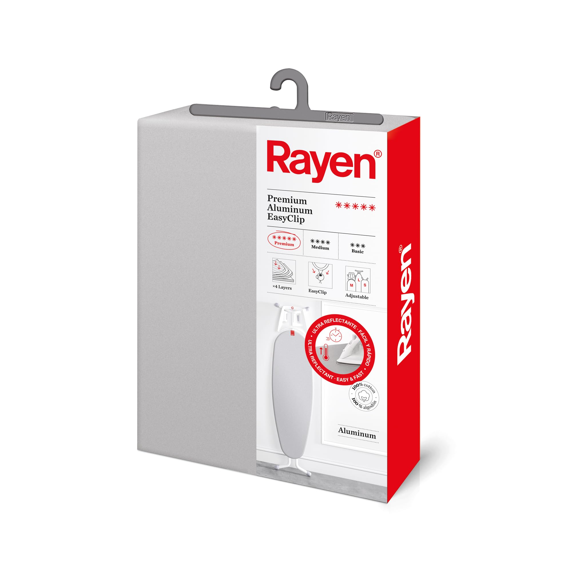 Rayen | Bügelbrettbezug | Verstellbarer Bügelbezug | EasyClip-System | 4 Schichten: Schaumstoff, Fleece, 100% Baumwolle & Aluminiumgewebe | Premium-Sortiment | Maße: 130x47 cm | Lichtgrau