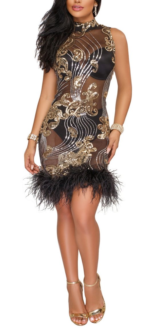 Women Sexy Sequin Mesh Nude Illusion Feather Sleeveless Bodycon Club Party Mini Dress Black Large
