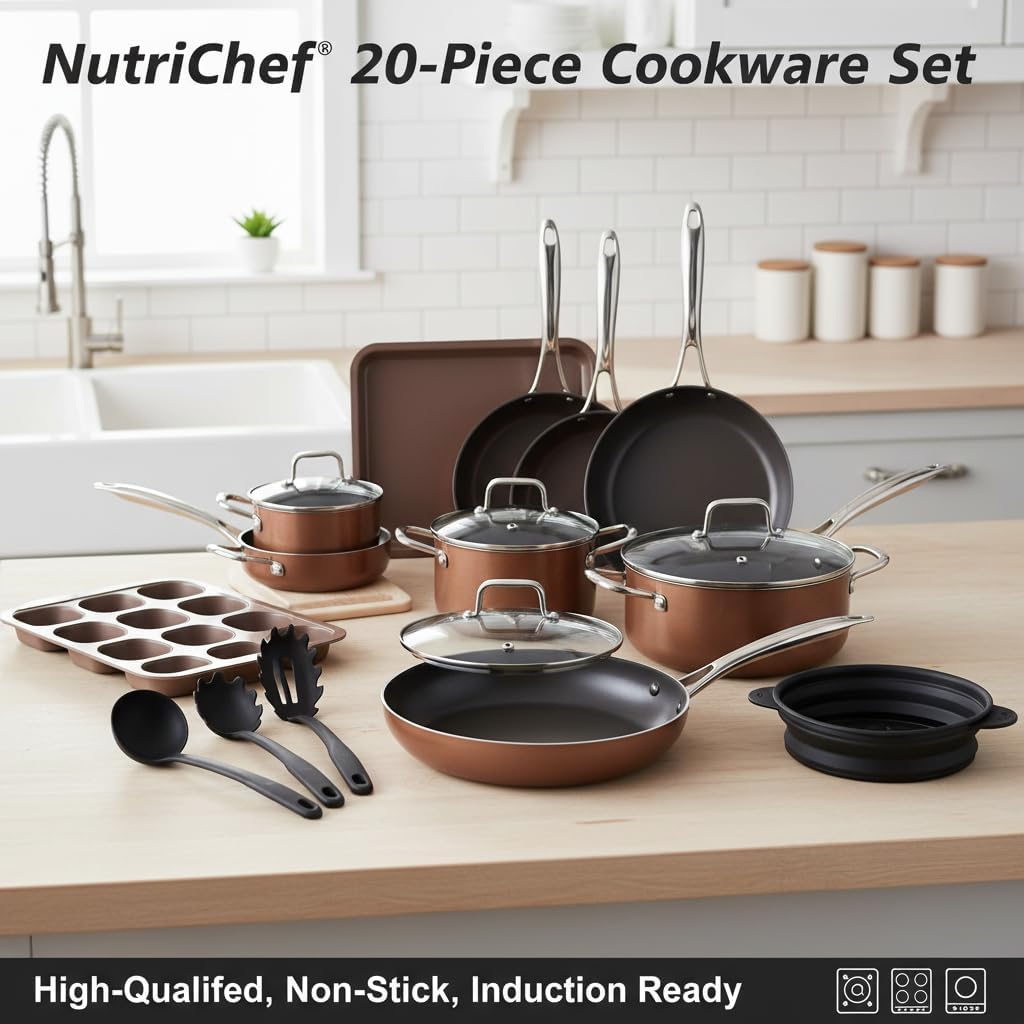 NutriChef Kitchenware Pots & Pans Set – High-qualified Basic Kitchen Cookware Set, Non-Stick (20-Piece Set)