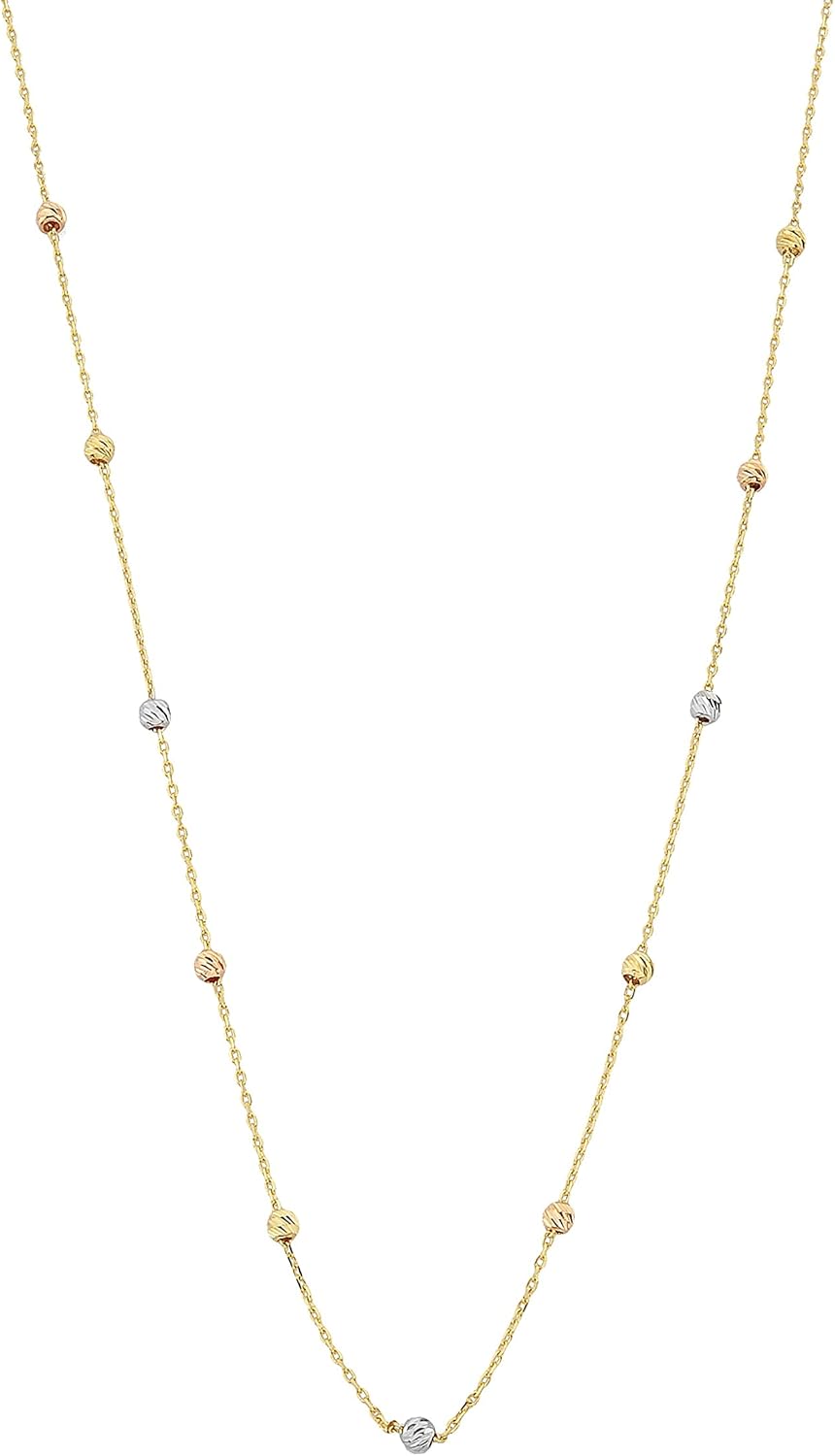 Row Chain Beaded Italian Balls Charm Dainty Delicate Necklace for Women 14K Real Solid Gold