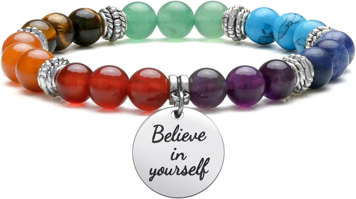Jovivi 7 Chakra Bracelets for Women Natural Gemstone Yoga Beads Reiki Healing Crystals Stone Beaded Bracelet Believe in yourself Inspirational Charm Stretch Bracelets