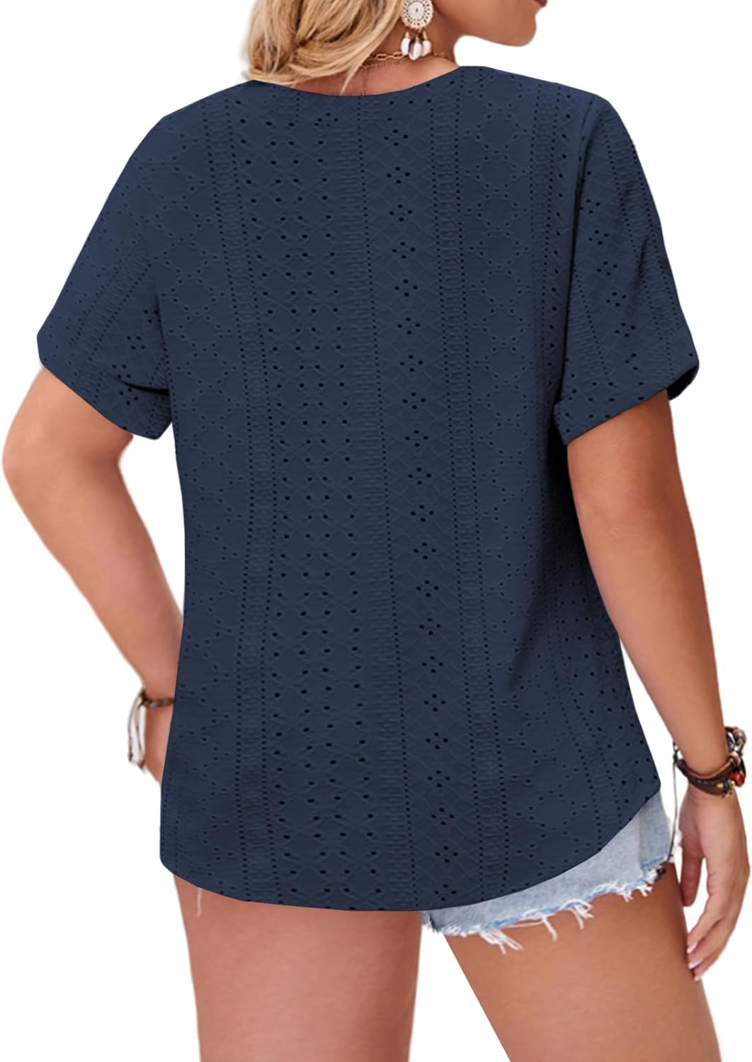 VISLILY Womens-Plus-Size-Summer-Tops Roll Short Sleeve V Neck T Shirts Trendy Eyelet Blouses Cute Buttons Up Tunics Tee - Image 2