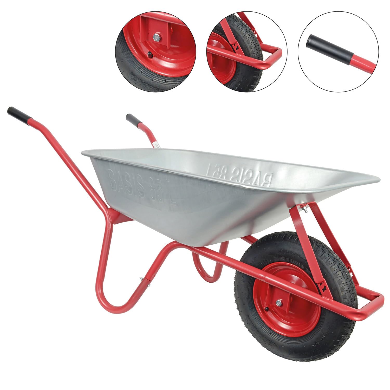 HBH Schubkarre 85 Liter Garten, bis 160kg Tragkragkraft, ideale Gartenschubkarre, Luftrad 4,00-8, Stahlfelge mit Kugellager, verzinkte Stahlmulde, mit Muldenstützbügel und Kippbügel, Farbe rot