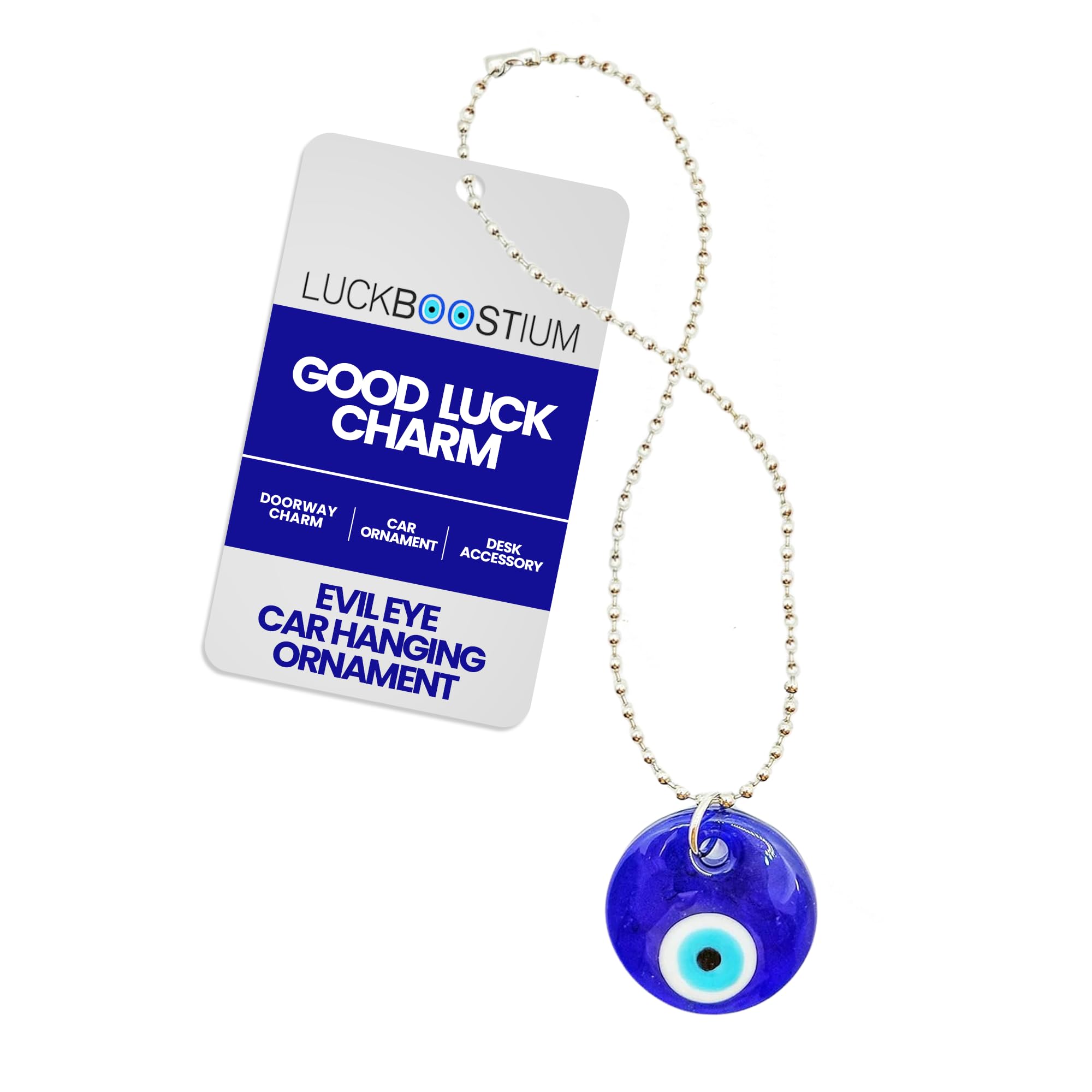 LUCKBOOSTIUM Evil Eye Charm for Good Luck & Protection Charm– Car Hanging Ornament, Rearview Mirror Accessory, Keychain, Spiritual Amulet for Positive Energy, Nazar Symbol, Glass with Ball Chain Decor
