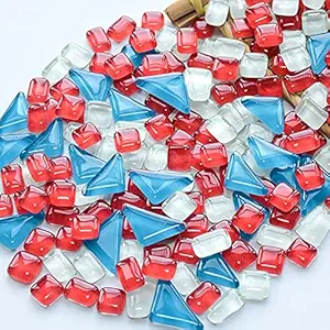 Mosaic Tiles Square Triangle Rectangle Glass Crystal Mosaic Glass Tile for Crafts Bulk DIY Picture Frames Handmade Jewelry Coasters Art Material Decoration,Irregular Size, 200g (Red Blue White Mix)