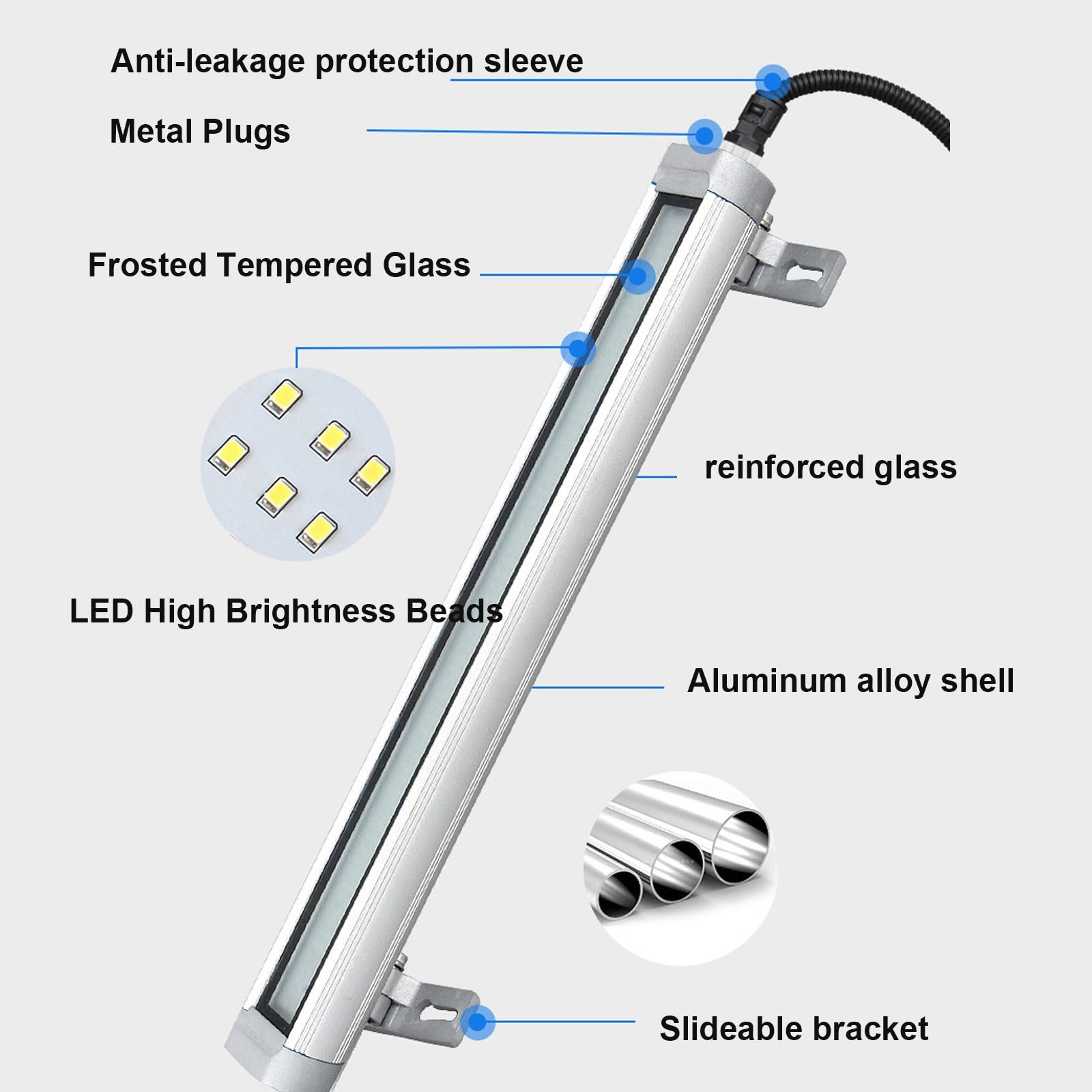 Lampa rurowa przemysłowa LED, oświetlenie robocze LED, oświetlenie maszynowe, regulowany kąt napromieniania, IP68 Wodoodporna lampa warsztatowa Wodoodporna lampa robocza do wnętrz CNC (Rozmiar:
