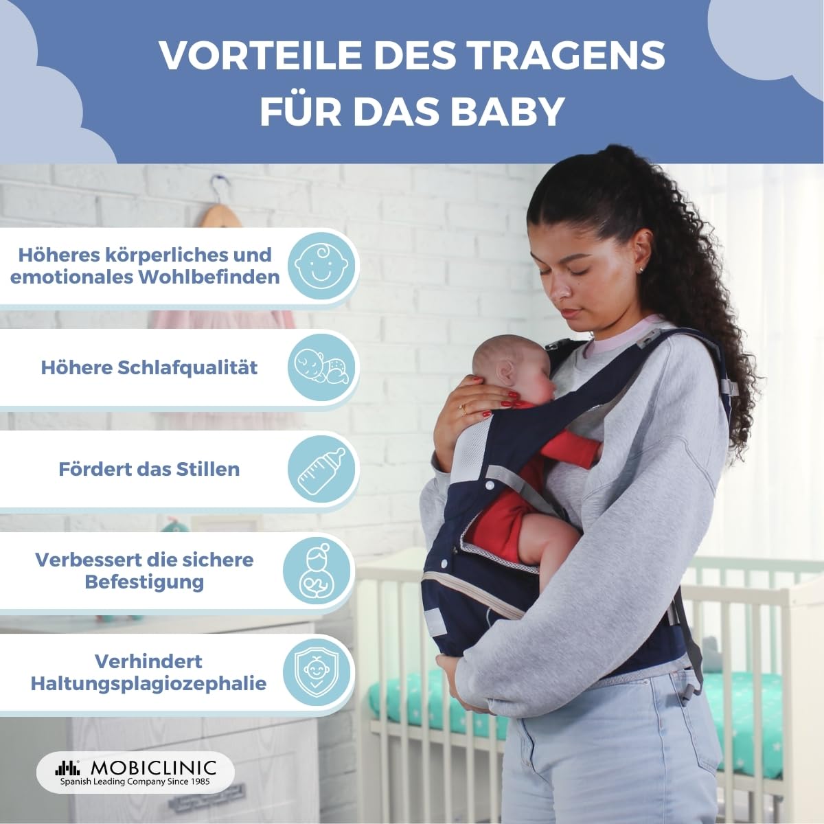 Mobiclinic® kids, Babytrage, 6 in 1, Moley, Mehrpositionale, Faltbar, Reißverschlusstasche, Flaschenhalter, Weiches premium-baumwolle, 0-36 monate, Für neugeborene und kinder (marineblau)