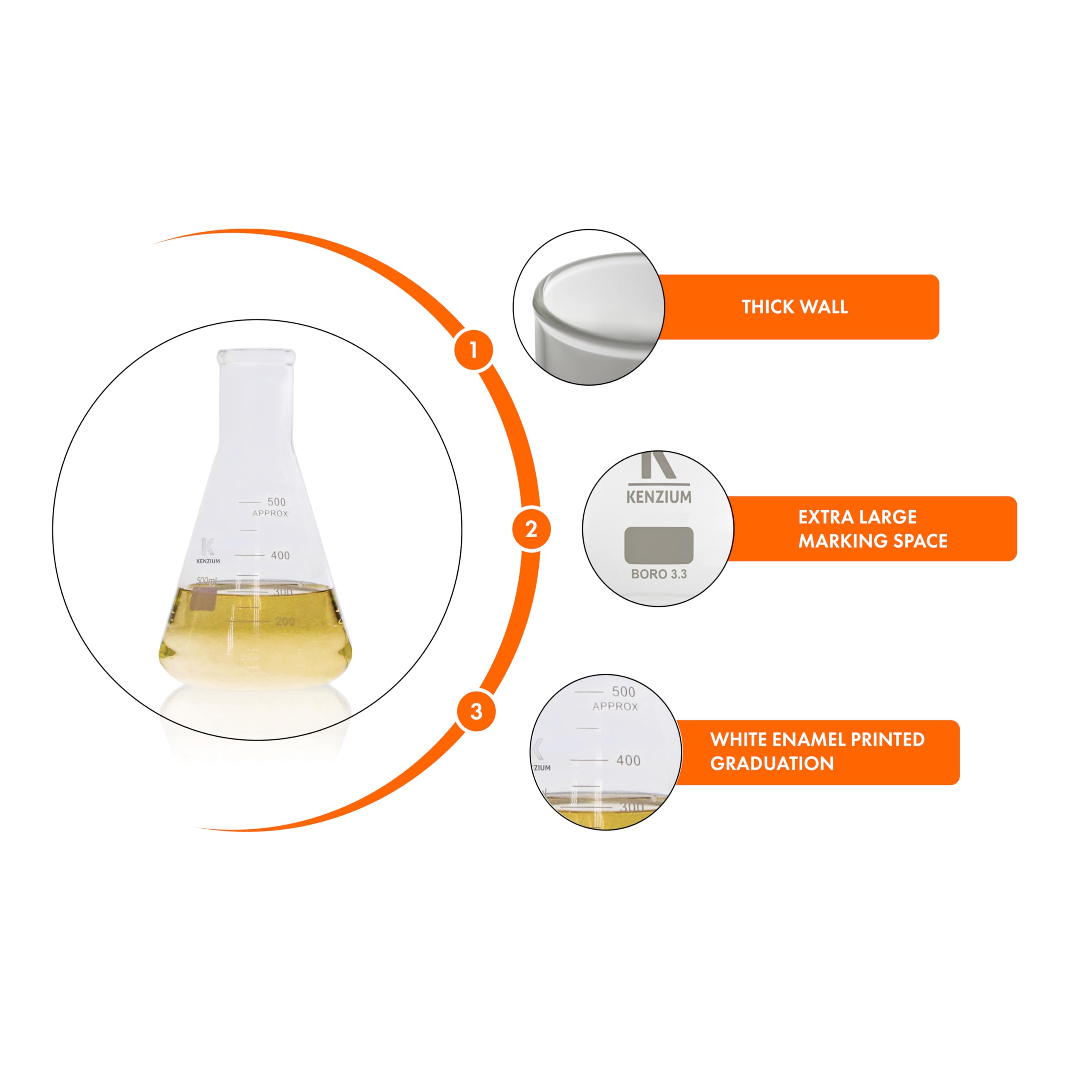 KENZIUM - Pack 3 x Beuta Erlenmeyer | Formati: 150, 250 e 500 ml | Vetro Borosilicato 3.3 | Graduazione Stampata | Collo Stretto | Ideale Laboratorio, Scuola