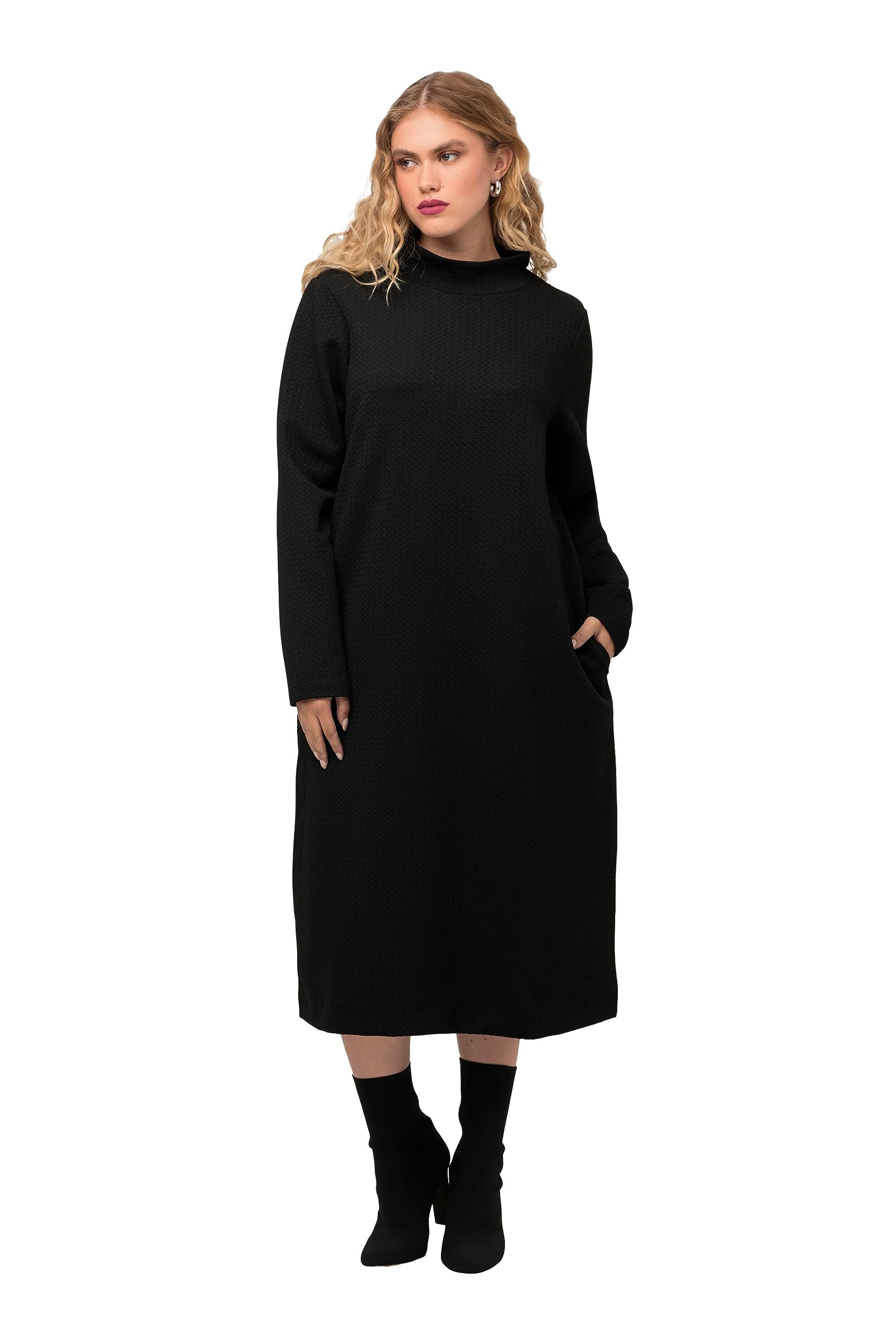 Ulla Popken Damen große Größen Übergrößen Plus Size Sweatkleid, Struktur, Taschen, Stehkragen, Langarm 821589
