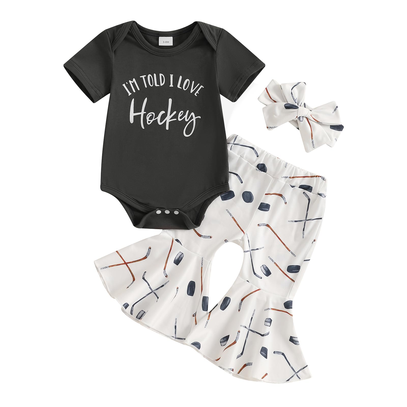 Newbgclo Baby Girl 3Pcs Summer Outfits Letter Print Short Sleeve Round Neck Romper Flare Pants Headband Infant Clothes Set (Dark Grey, 3-6 Months)