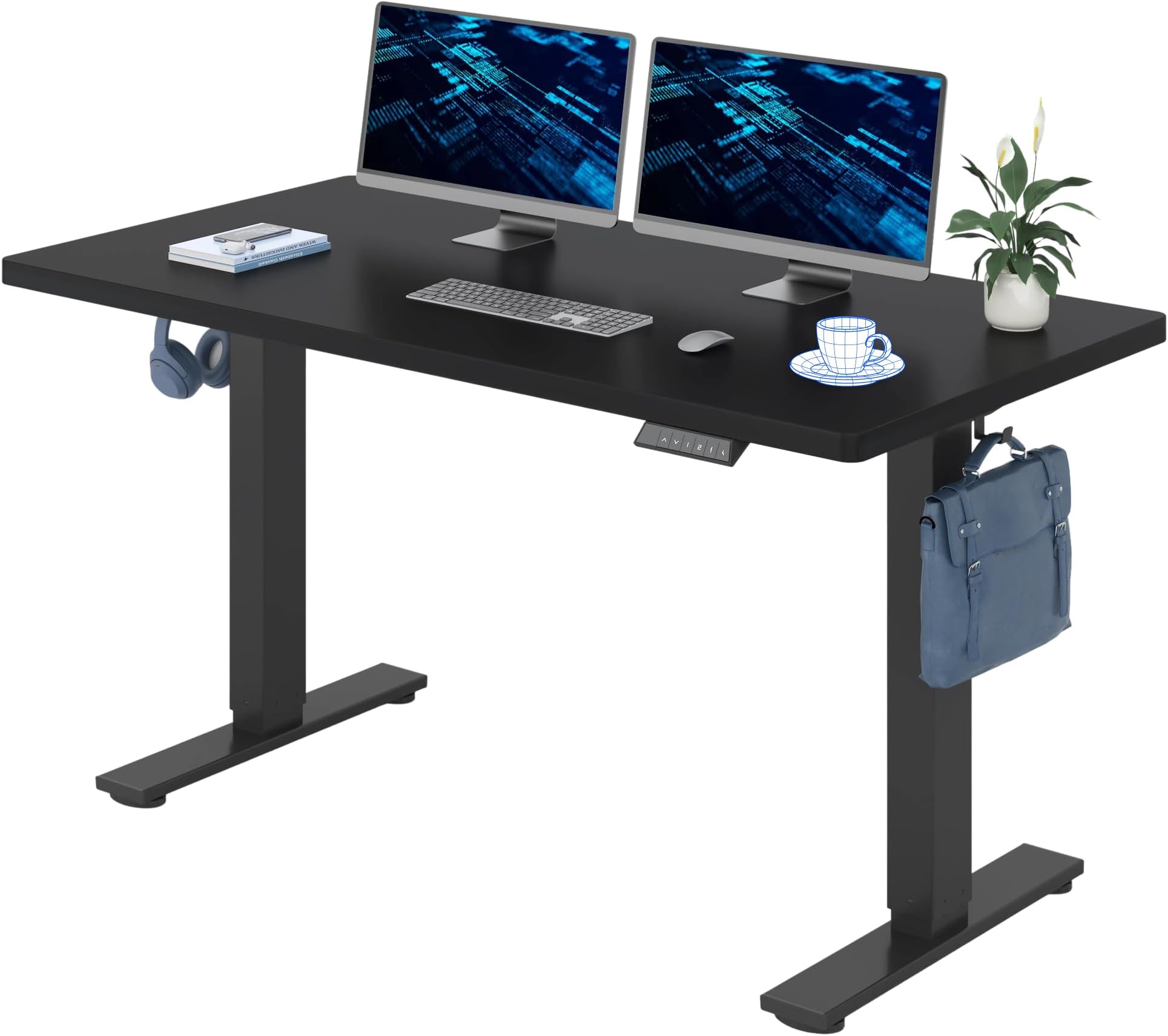 160x80cm Electric Standing Desk Height Adjustable Desk ONE PIECE Sit Stand Desk Stand Up Desk with Memory Smart Pannel (Black Frame+Black Desktop)