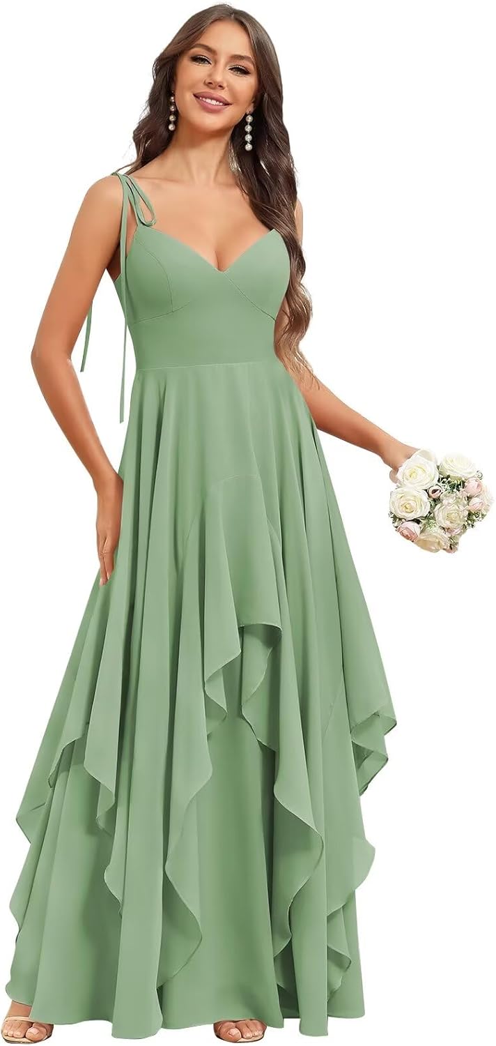 BOLENSYE Women's V-Neck Chiffon Tiered A-Line Bridesmaid Dresses Long Ruffles Formal Evening Party Gown