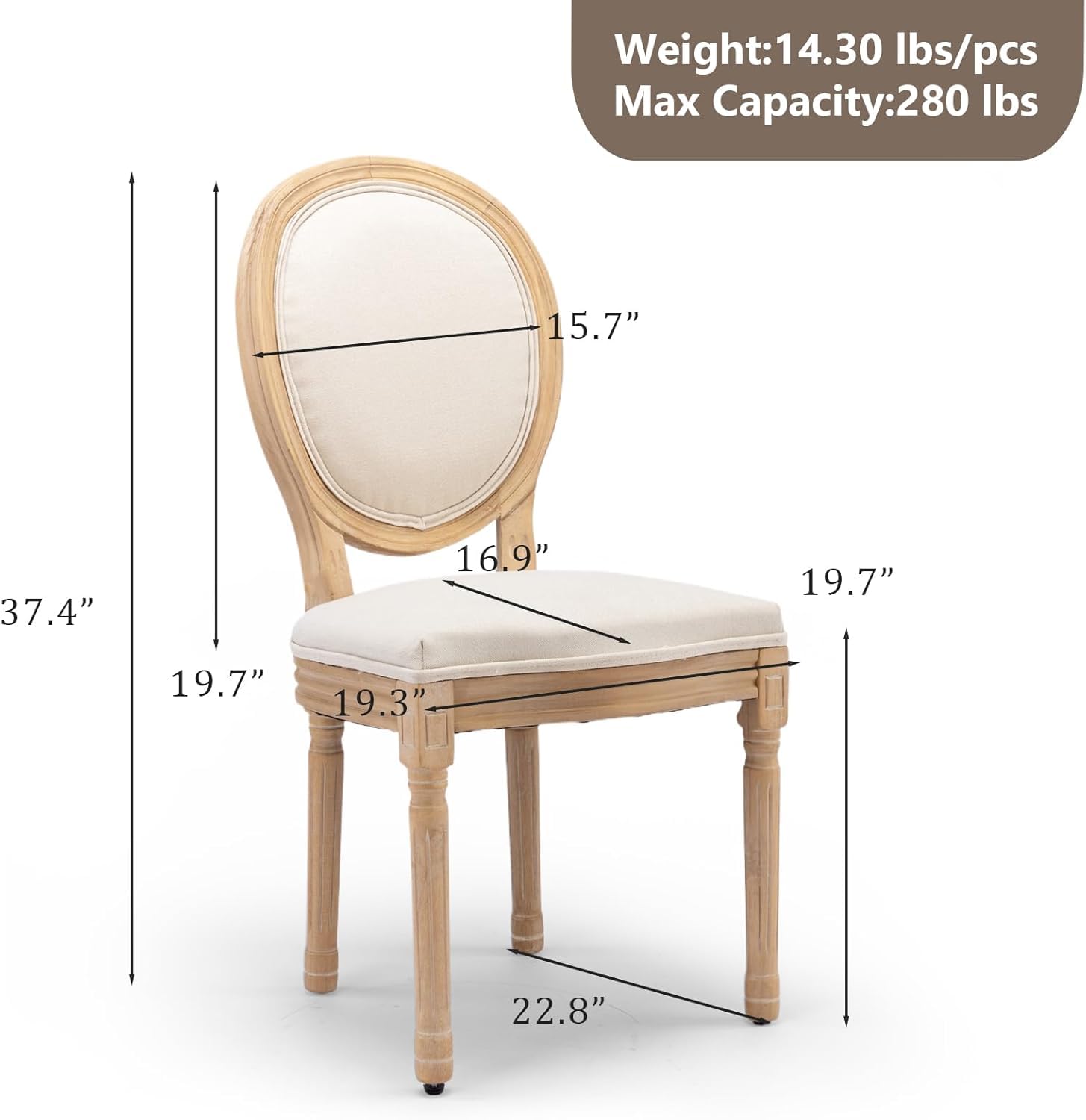 Lot de 2 chaises de Salle à Manger rembourrées ovales en Tissu avec Pieds en Bois pour Salle à Manger, Cuisine, Restaurant (Tissu Beige)