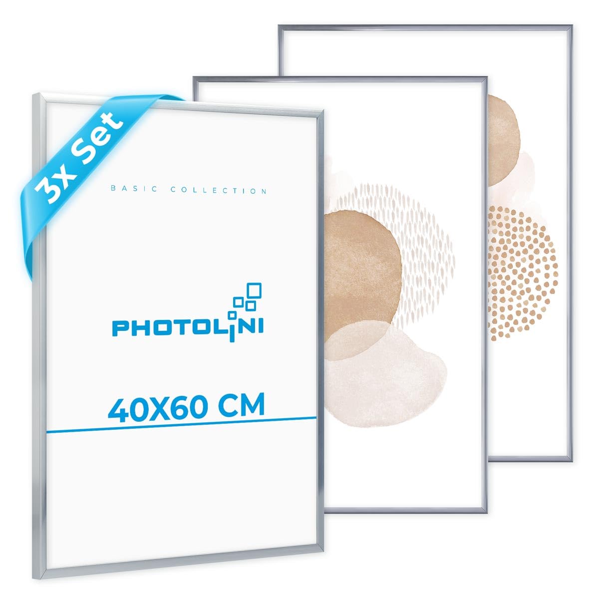 PHOTOLINI Cadre photo 40 x 60 cm argenté, lot de 3 cadres en plastique étroits, verre acrylique, à suspendre, avec accessoires - pour documents, diplômes, certificats et photos