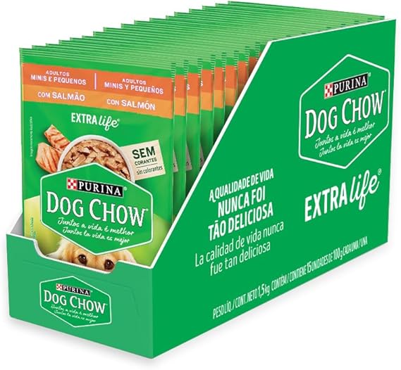 Pack Ração Úmida Cães Adultos Pequenos Dog Chow Salmão - Com 15 Sachês 100g Menor preço em Pack Ração Úmida Cães Adultos Pequenos Dog Chow Salmão - Com 15 Sachês 100g
