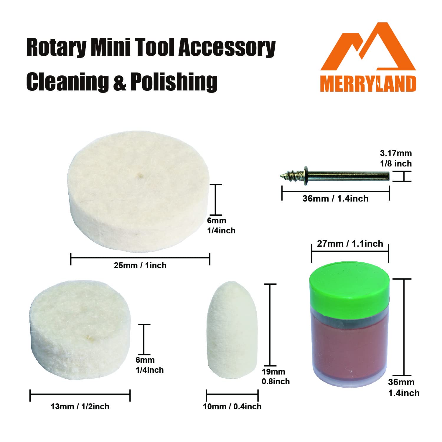 Merryland Roue de Polissage en Feutre pour Dremel 145pcs, Disque Polisseur en Feutre Pointe Polisseur 140pcs Pâte à Polir 1pcs et Mandrin 4pcs, Mini Outils Rotatifs Accessoire Électriques, RMTA145C1