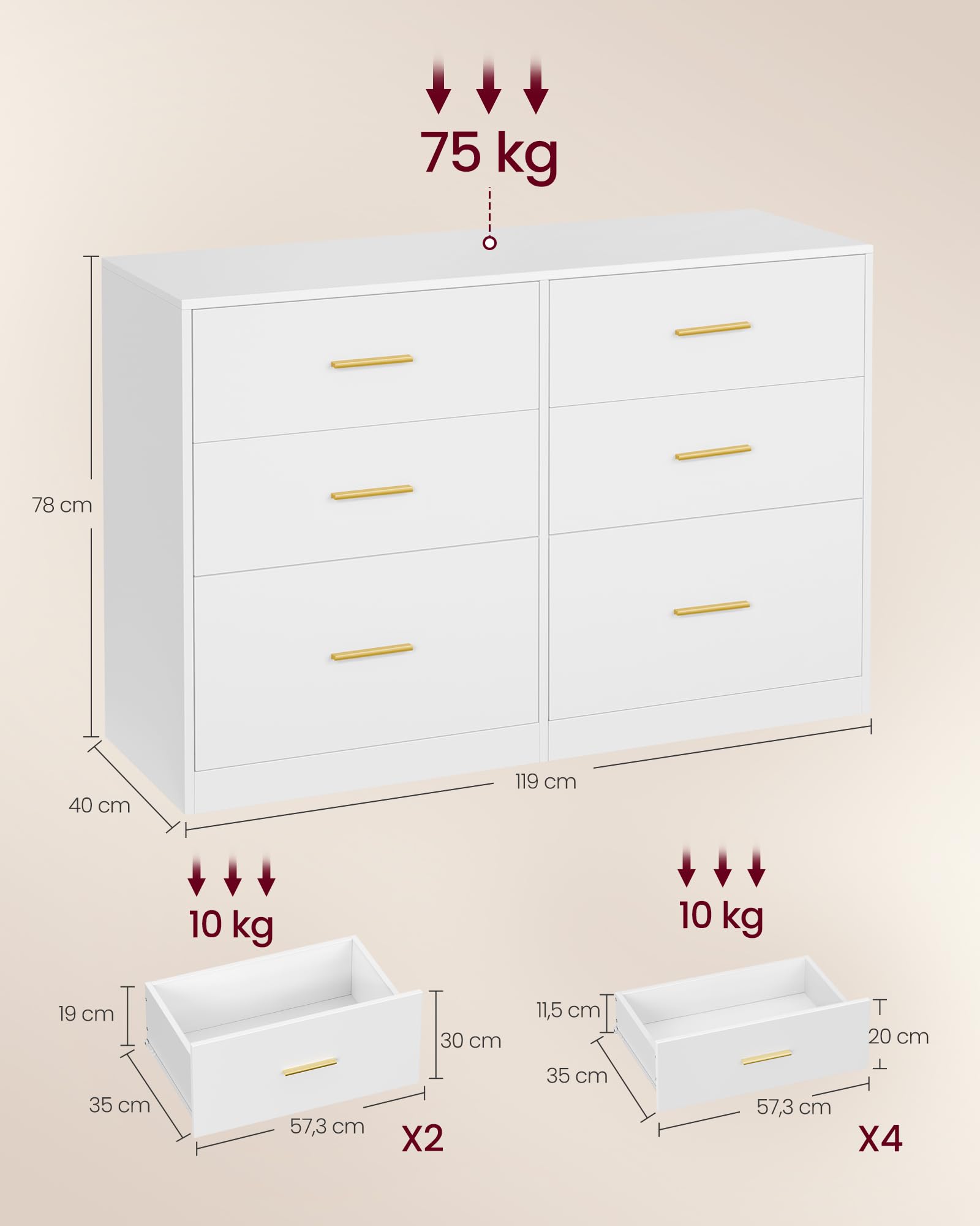 VASAGLE Custos Kollektion - Kommode, Kommodenschrank, modern, Sideboard, Aufbewahrungsschrank, für Wohnzimmer, Schlafzimmer, 6 Schubladen, 40 x 119 x 78 cm, wolkenweiß LTS416WB01