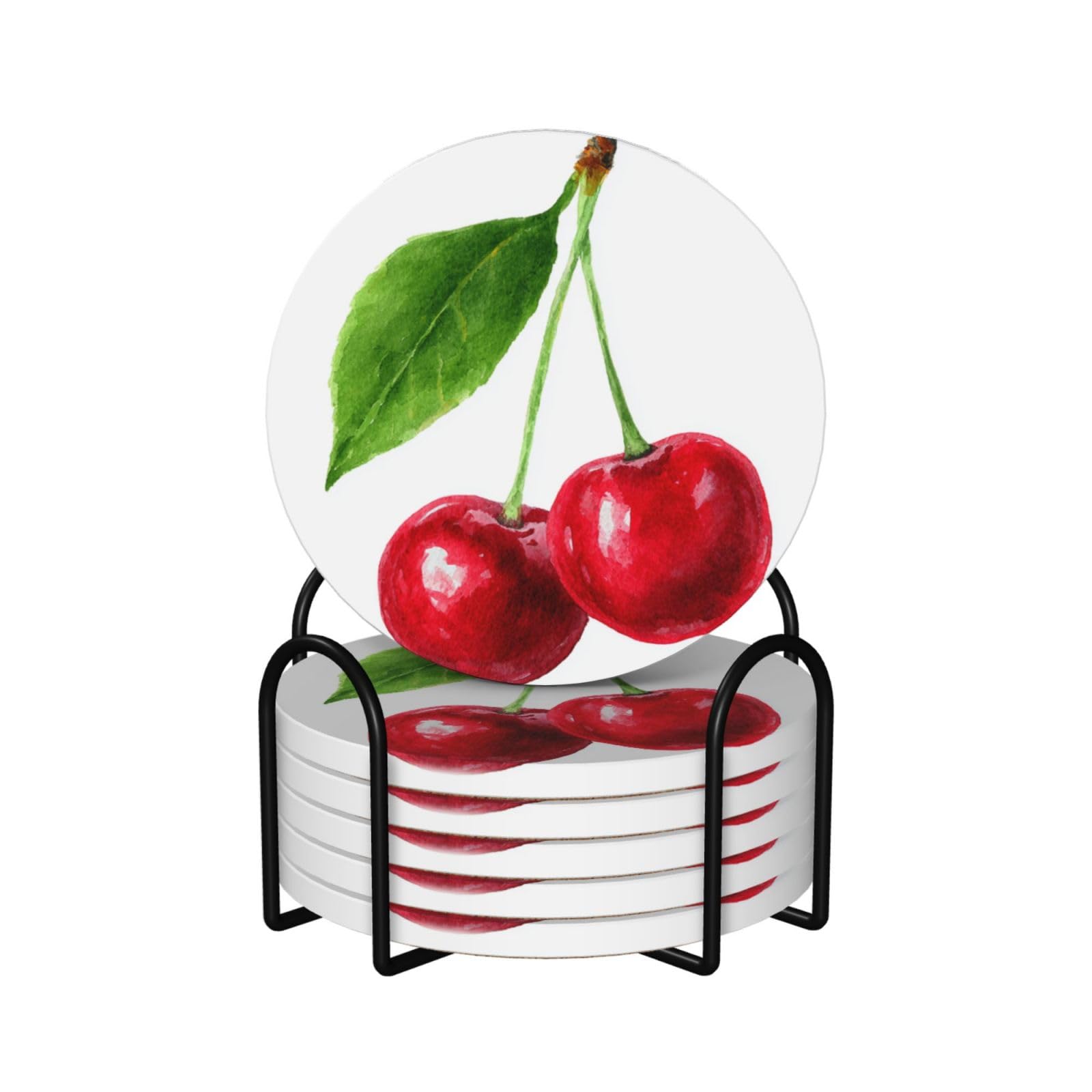 Two Cherries with A Green Leaf Ceramic Coasters with Holder 6ps