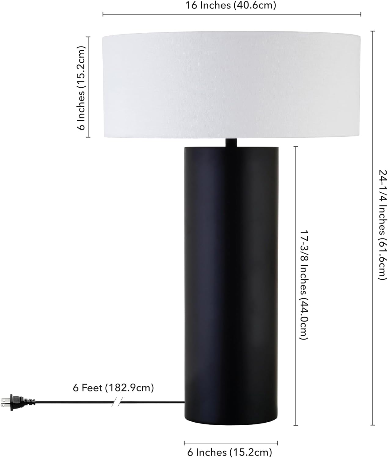 Henn&Hart 24" Mid-Century Modern 1-Light Table Lamp with White Fabric Drum Shade for Living Room, Bedroom, or Office, Black