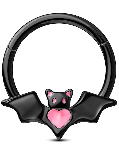 Jewseen Halloween Septum Ring Bat Septum Piercing Black Septum Jewelry for Women Men Pink Daith Earring Surgical Steel 8mm/10mm Helix Conch Cartilage Hoop Earring - Black - 1.2*10