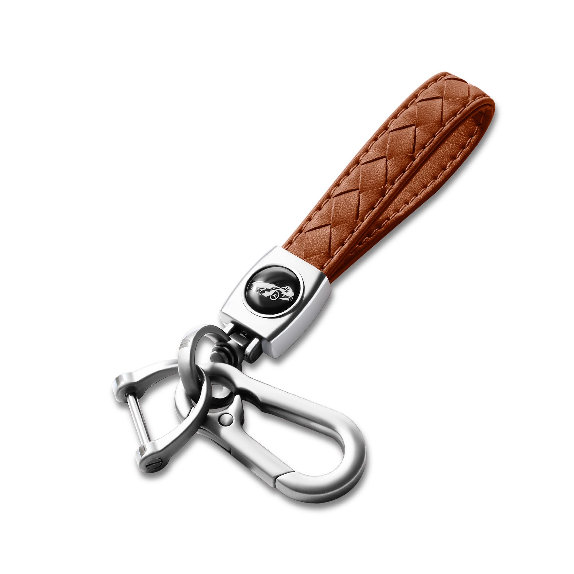 Gkeygo Carabiner Keychain, Universal Heavy Duty Woven Handmade Leather Key Chain, Car Fob Key Keychains with 360 Degree Rotatable Snap Swivel and Anti-Lost D-Ring for Men and Women, Silver - Brown