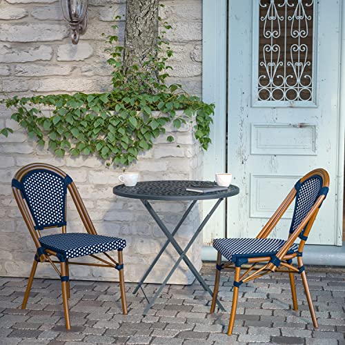 Image of Flash Furniture Bordeaux Set of 2 Indoor /Outdoor Commercial Bistro Stack Chairs - Navy /White PE Rattan Back and Seat - Natural Bamboo Print Aluminum Frame