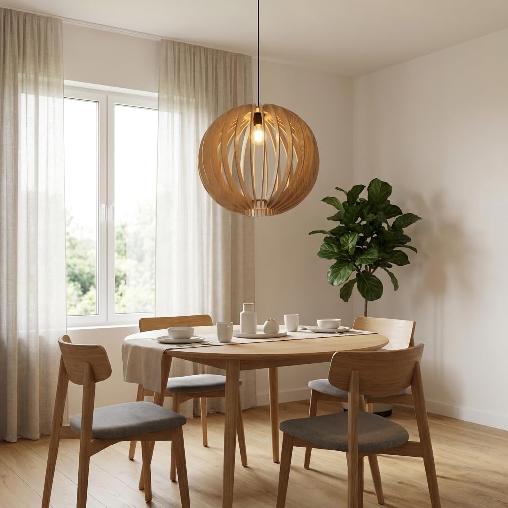 BARCELONA LED Lampa Wisząca BURMA Ø45 cm z Drewna MDF | Kulisty Klosz w Naturalnym Wykończeniu | Oprawka E27 Max. 40W | Regulowana Wysokość | Lampa Sufitowa do Salonu, Jadalni i Sypialni