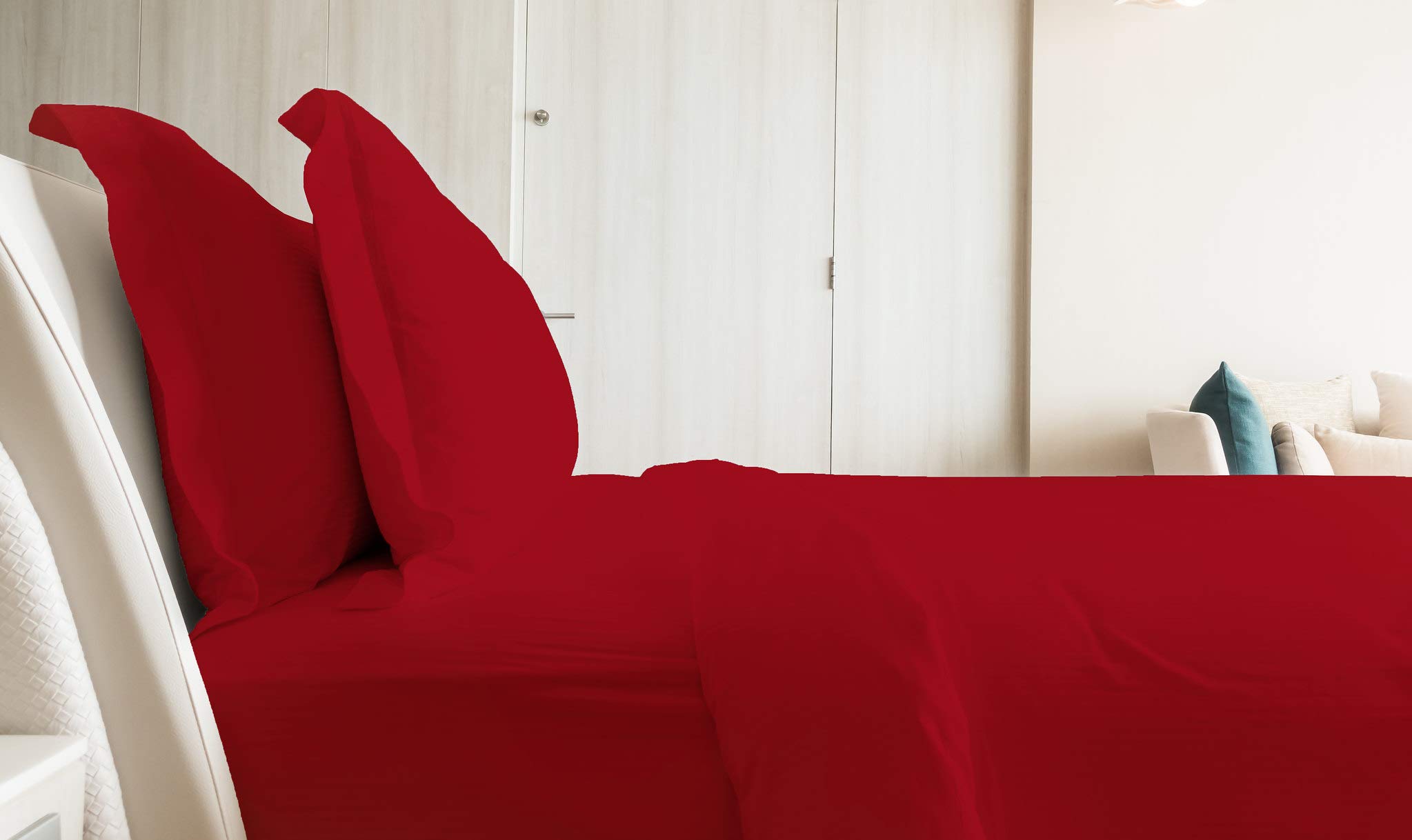 EUROSTYLE Juego completo de cama RAIMOW liso sábana bajera ajustable sábana encimera sin esquinas y dos fundas de almohada a juego de fibra de puro algodón natural (matrimonial, color rojo)