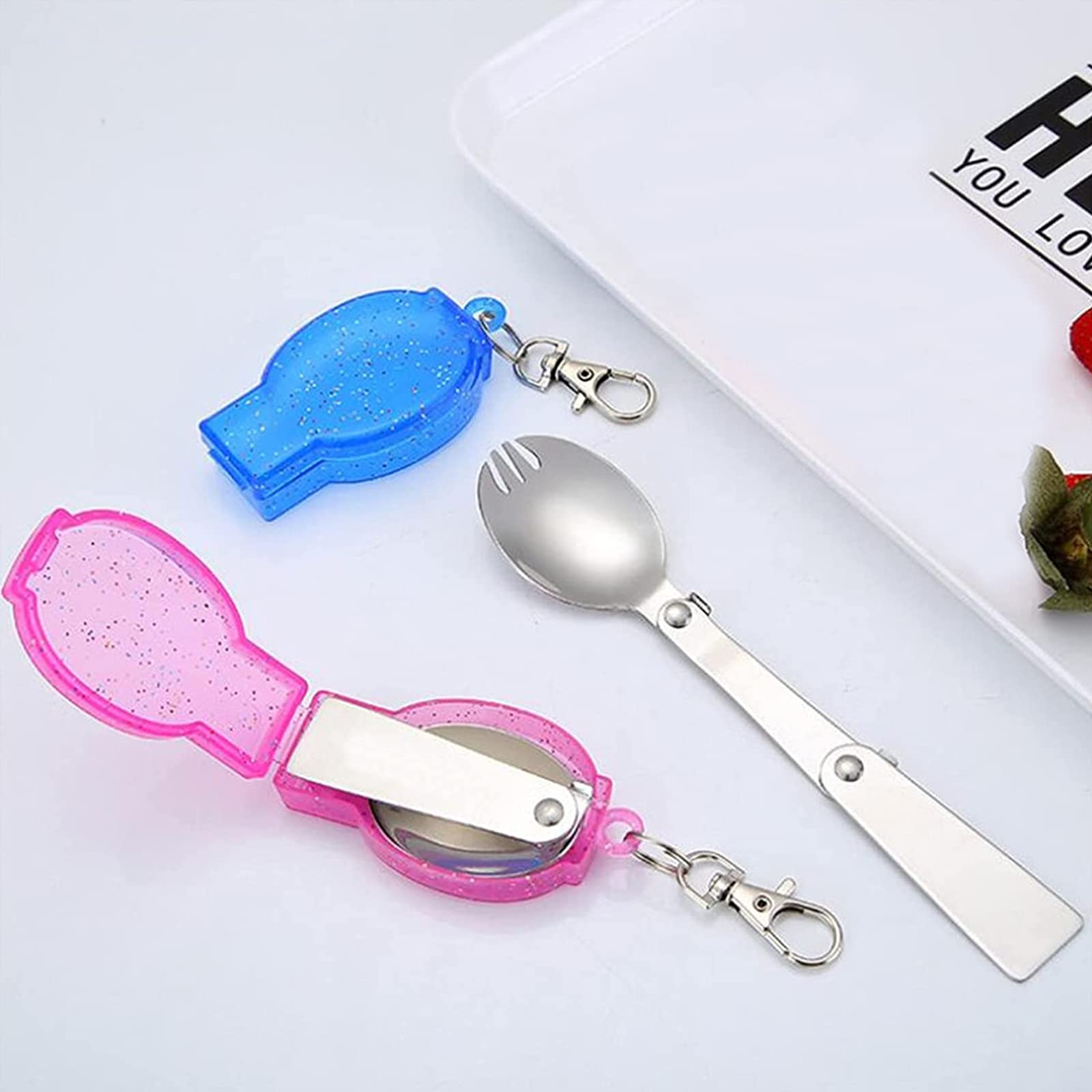 2 Piezas Tenedores y Cucharas Plegables, Cucharas de Ensalada Plegables, Vajilla Plegable, Duradero y Fuerte, für Pícnic Al Aire Libre, Oficina, Comidas Escolares (Rosa, Azul)