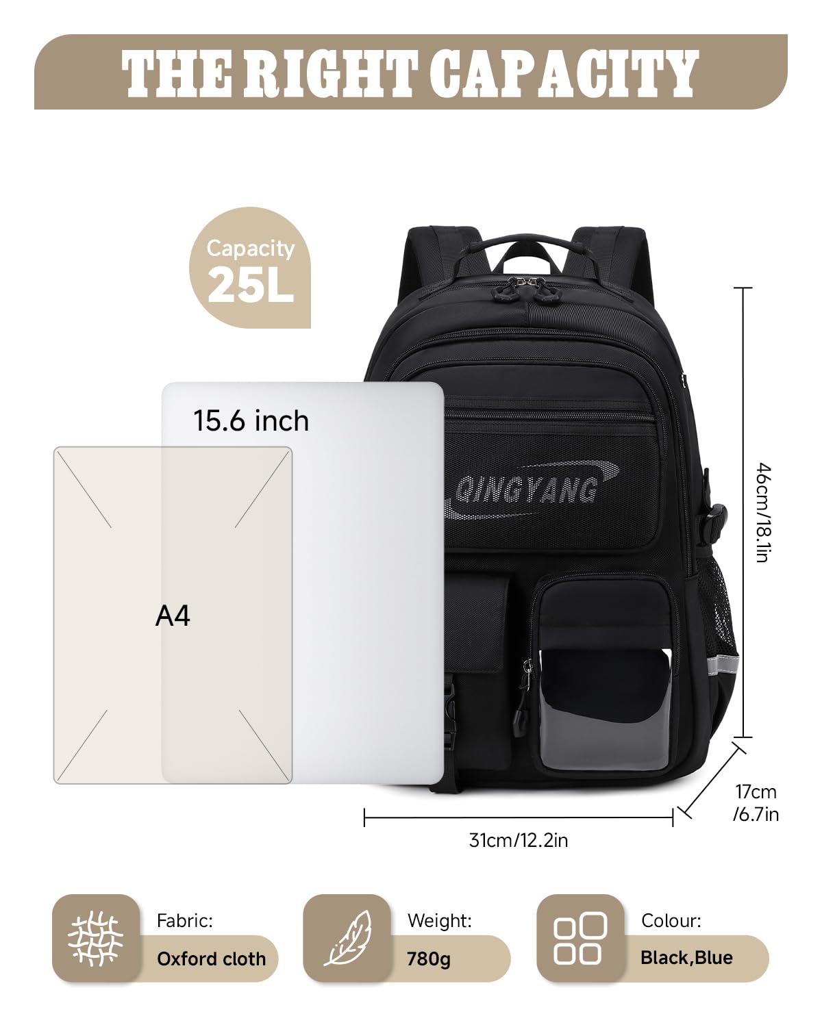 Amythe Mochilas Escolares para Niños Adolescentes, Mochila Instituto Ergonomica para Chico 10-22 Años, Mochila Niño Grande Impermeable Ligera, Colegio Viajes Vuelta al Cole, Negro