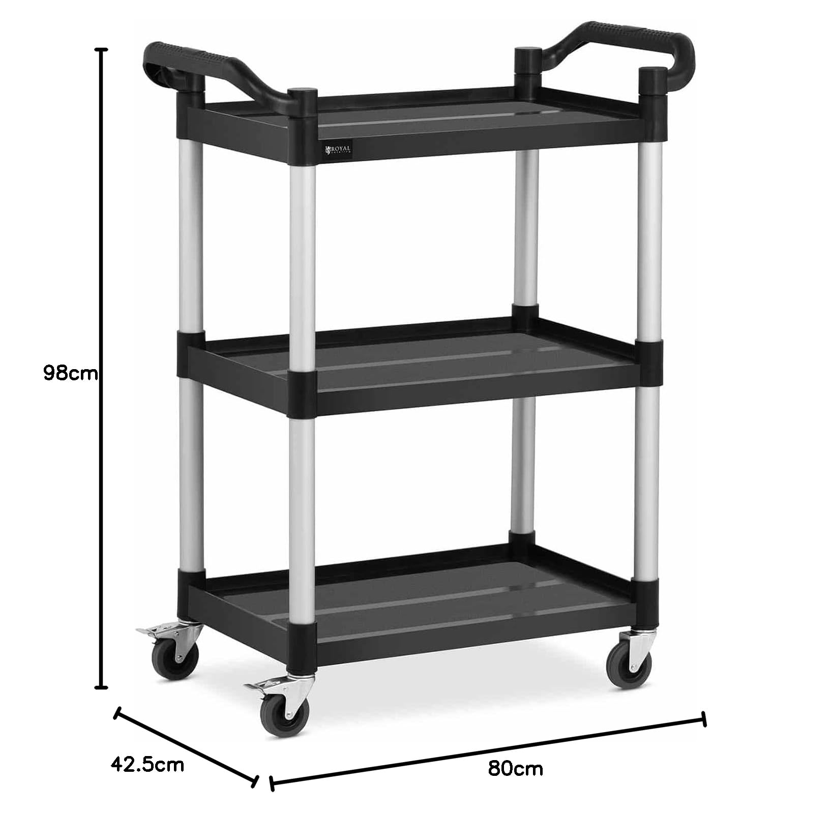 Royal Catering Carrello Portavivande Professionale Da Cucina In Plastica Carrello Di Servizio Ristorante RC-PSTB3800 (3 ripiani, 63 x 40 cm, 90 kg, Nero)