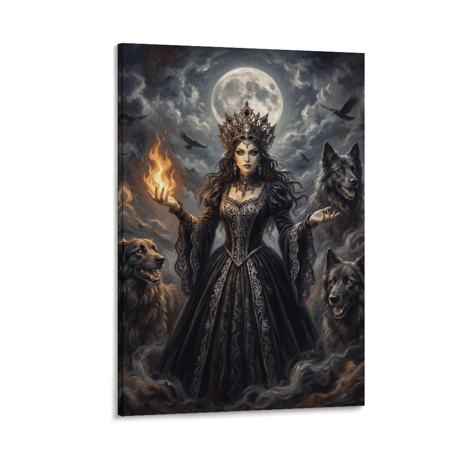 W7C8U2X3 Wolf Goddess Sacred Fire Canvas Wall Art, Woodland Animal Wall Art