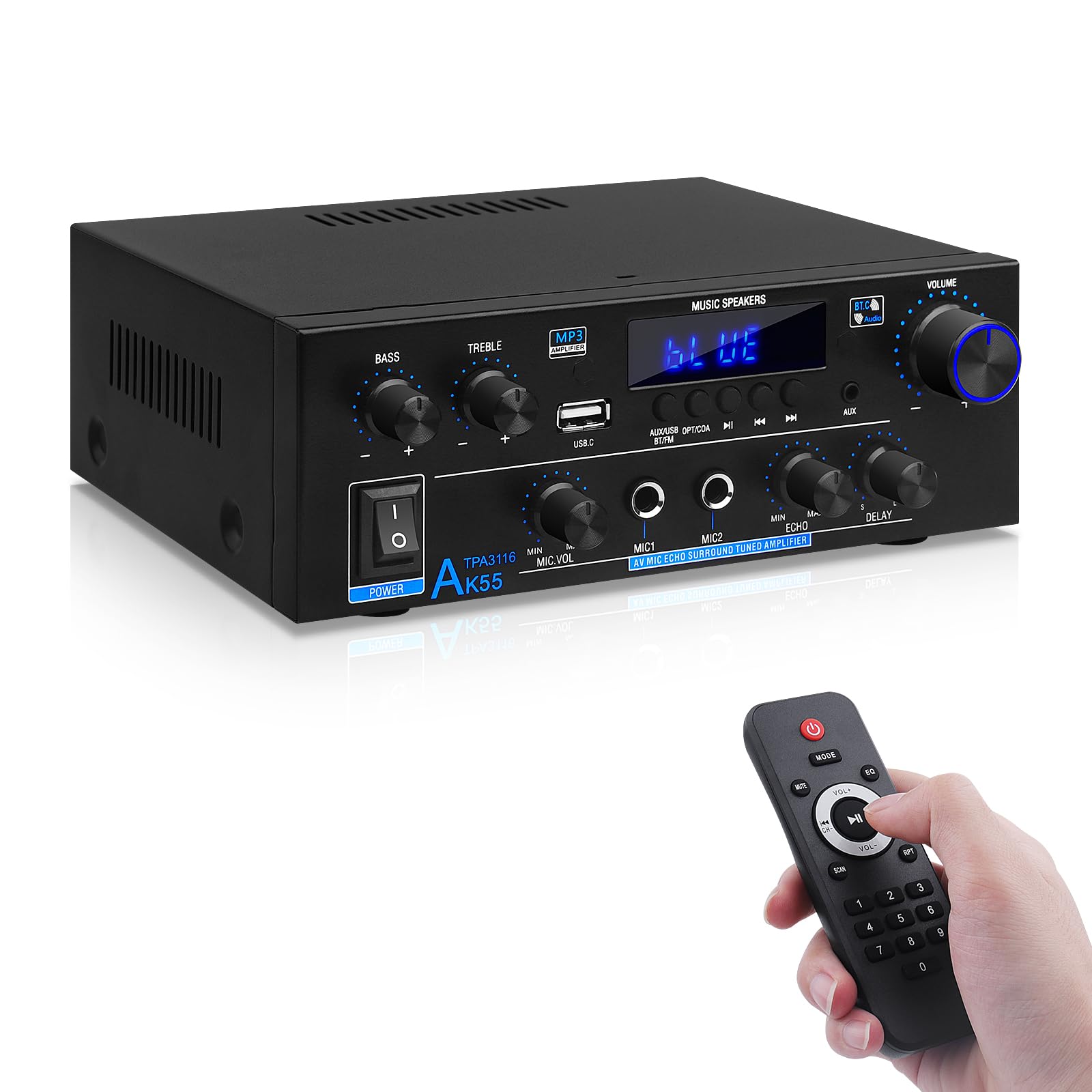 Bluetooth 5.0 Amplifiers AK-55 Plus HiFi Audio Power Amp with TPA3116D2 Chip 2.0 Channel 70W x2 Stereo Subwoofer Amp for Home Speaker with Treble & Bass, BT/USB/AUX Input, MIC/Echo/Delay, FM Radio-image-31