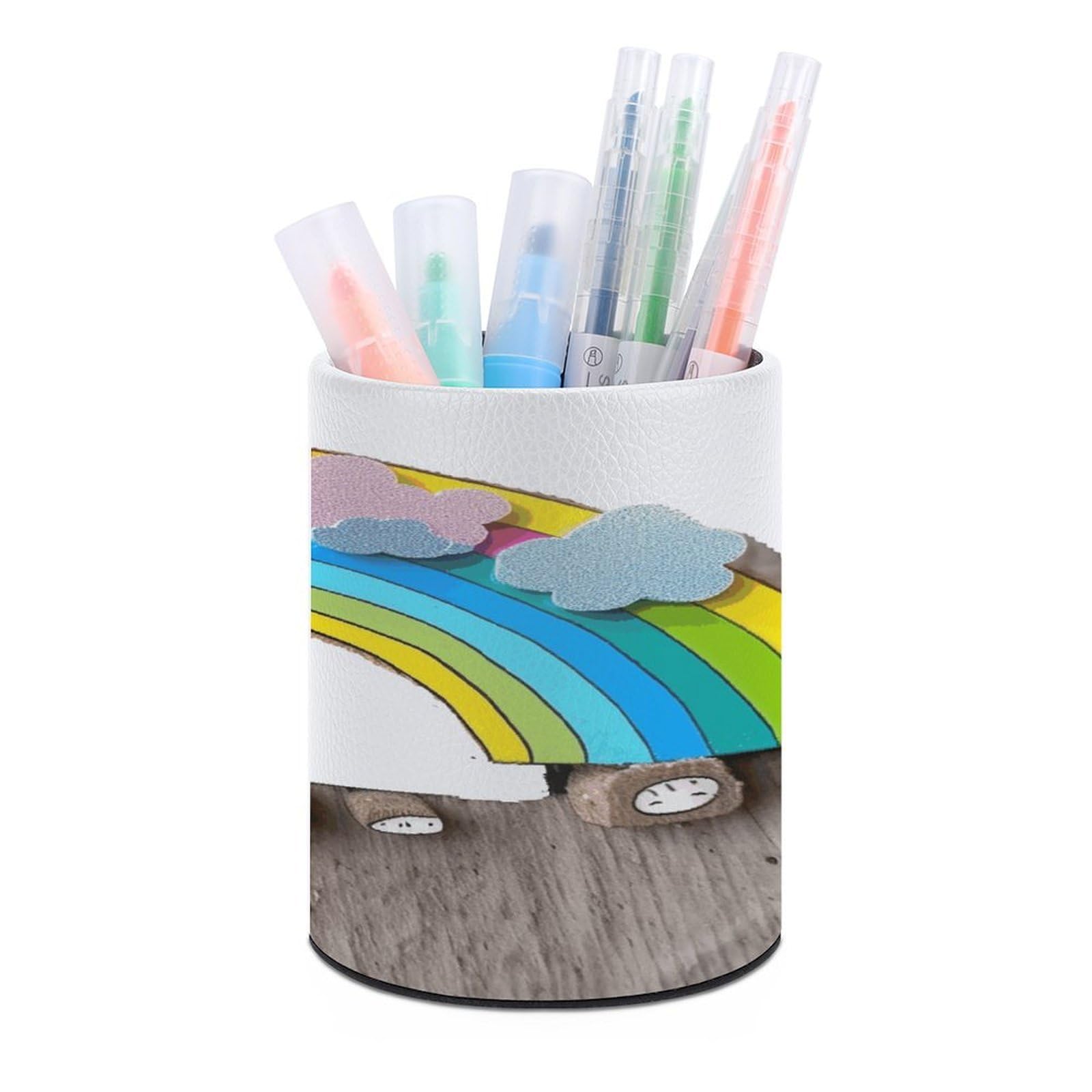 FekiLoot Round Leather Pen Holder - Multipurpose Desk Organizer, Modern Pencil Cup, Small Rainbow Pencil Holder, Unique Makeup Brush Holders for Office Home Supplies & Gifts