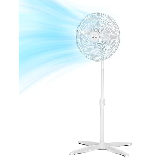 PELONIS 16 inch Pedestal Fan for Bedroom, Oscillating Fan, 3-Speeds, 90° Oscillation, Adjustable Height, Floor Fan, Standing Fan for Living Room, Kitchen, and Home office, White