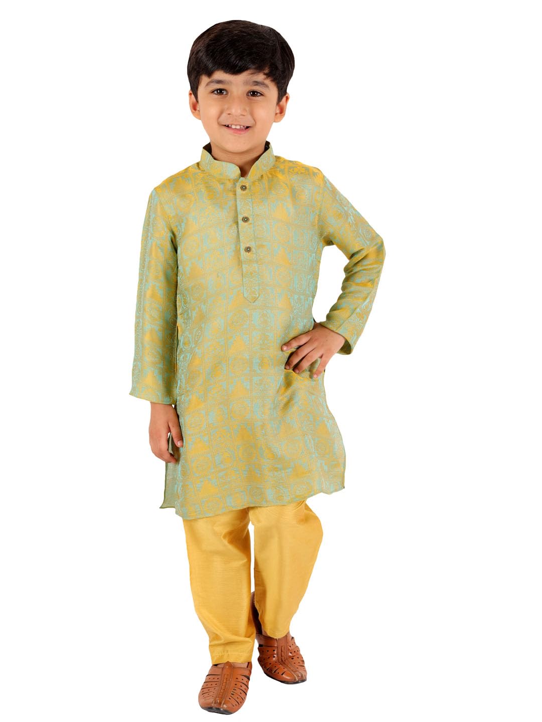 Jbn Creation Boys Mustard And Turquoise Silk Blend Woven Ethnic Motif Dual Tone Kurta With Pyjamas (B1028)
