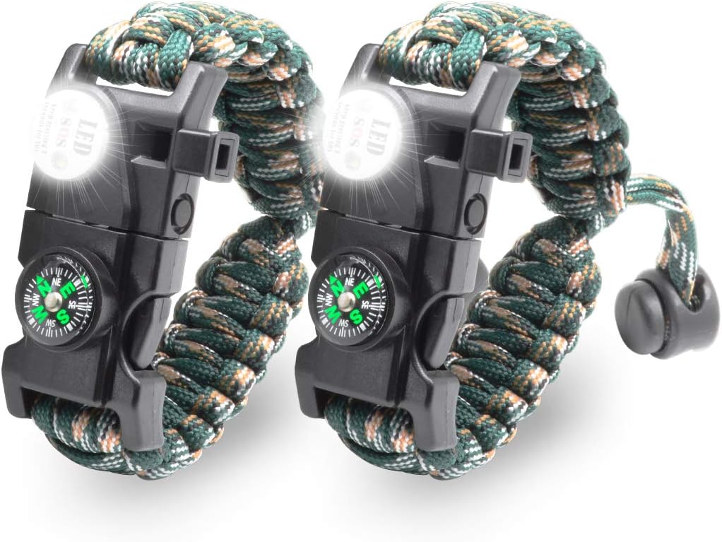 LeMotech 20 in 1 Adjustable Paracord Survival Bracelet, Tactical Emergency Gear Kit Includes SOS LED Flashlight, Compass, Rescue Whistle and Fire Starter-Outdoor Hiking Camping