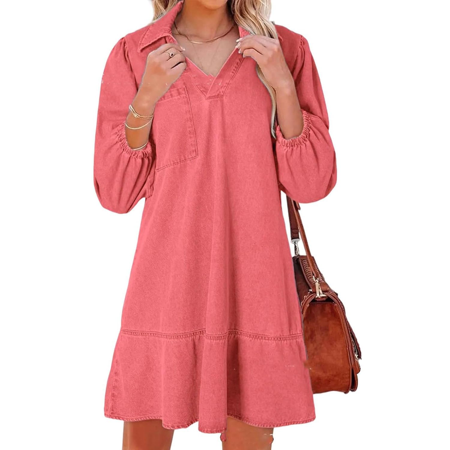 Vestido Vaquero con Capas, Cuello en V y Mangas abullonadas para Mujer, Vestidos Vaqueros con Volantes y Mangas 3/4, Vestido Vaquero Camisero Holgado de Verano con Bolsillos. (Purple,S)
