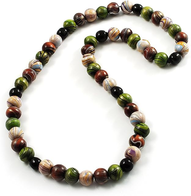 Avalaya Chunky Round Wood Bead Long Necklace (White, Brown, Green & Black) - 80cm Length