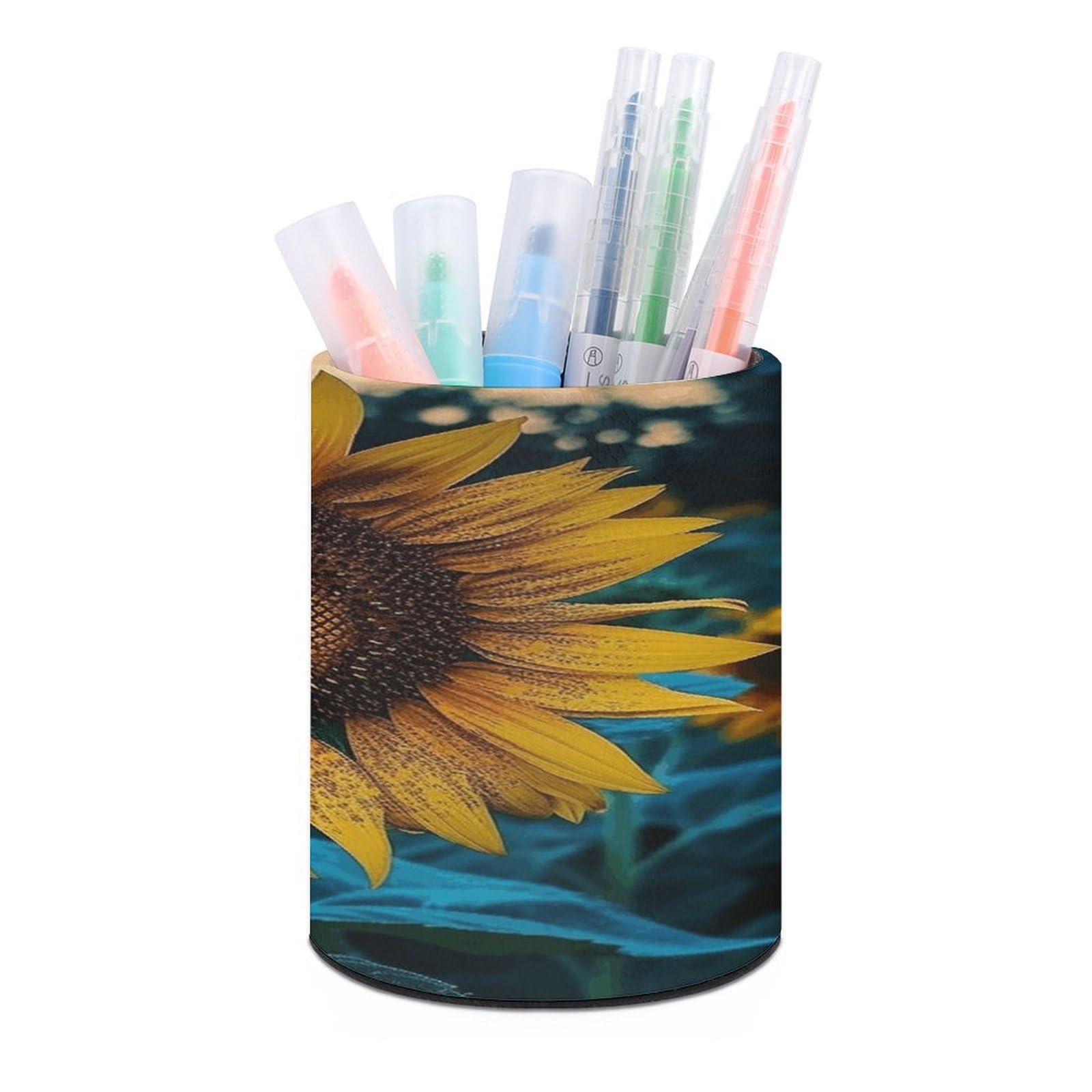 VstaDank The Most Beautiful Sunflower Pen Holder PU Leather Pencil Cup Minimalist Desk Pencil Holder Round Make Up Brush Organizers For Office Dorm Room&Vanity Desk Accessories