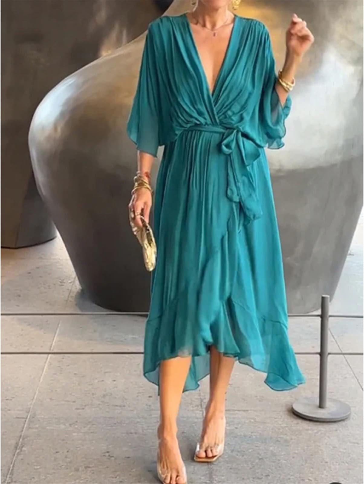 Abito Lungo Elegante e Raffinato con Scollo a V - Vita Alta a Balze fluide per Matrimoni/Feste/Casual