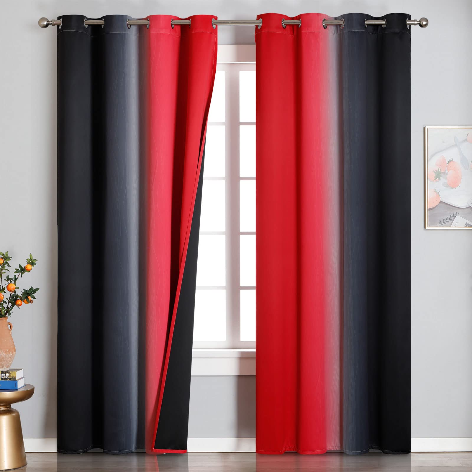 VEHEDE Ombre Red and Black Thermal Blackout Curtains 84 Inch Drop for Living Room Gradient Light Blocking Curtains for Bedroom Noise Reducing Windows Curtain with Eyelet