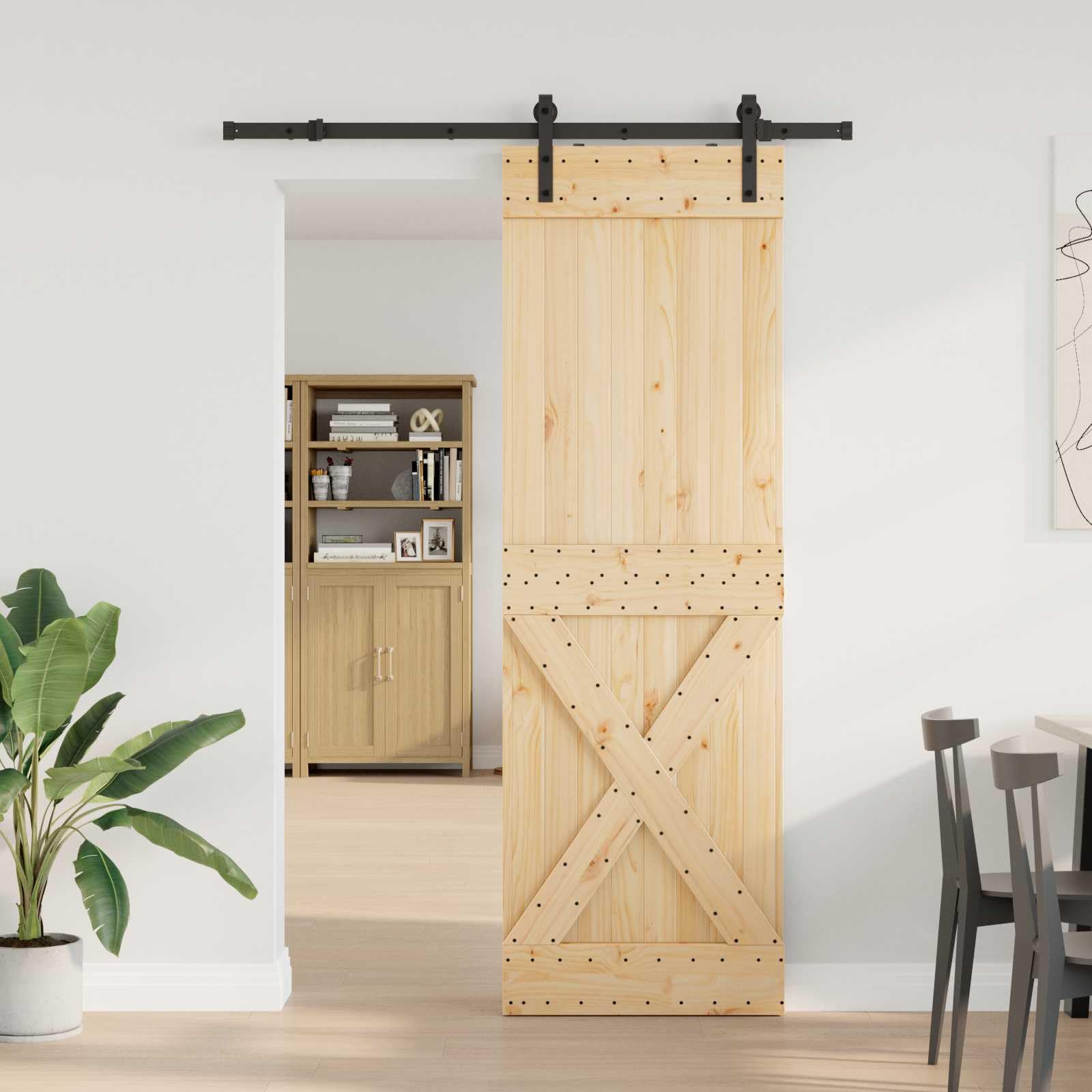 Puerta corredera NARVIK de madera de pino y acero, 70 x 210 cm, para vivienda, sistema de puerta corredera, incluye carril