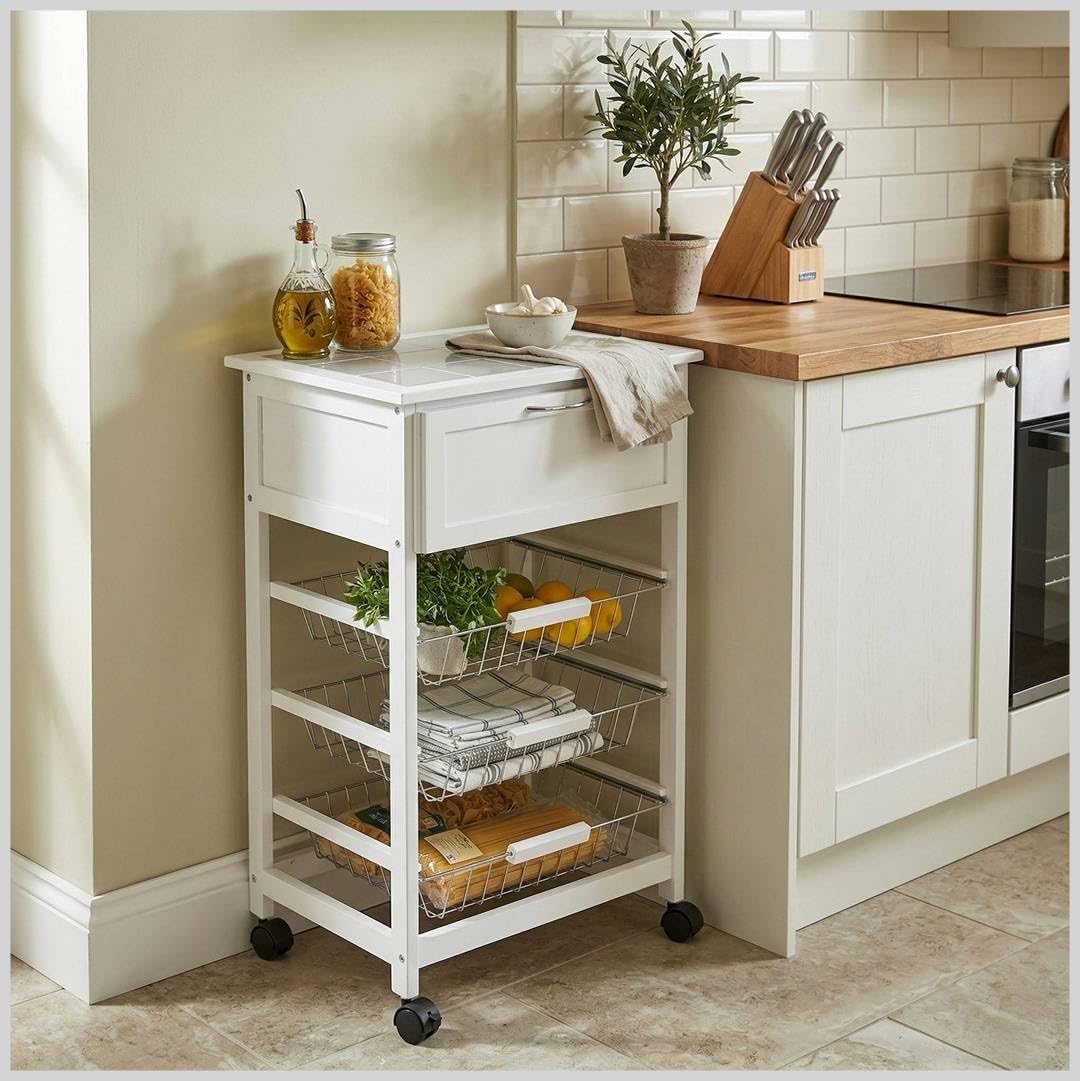 Carrello Mobile Cucina Cantina in Legno con Top Ceramica, Bianco o Legno Naturale, 3 Cesti Estraibili e 1 Cassetto, con Ruote, Salvaspazio h85x47x37 cm (Bianco)