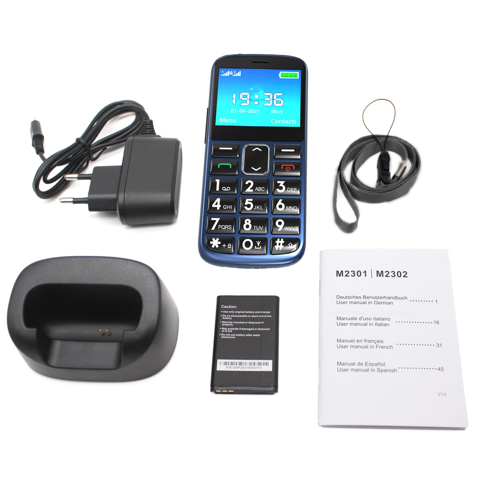 Teléfono Móvil para Personas Mayores con Teclas Grandes, Grande de 2,4 Pulgadas, Botón SOS, Base Cargadora, Volumen Alto, Fácil de Usar Celular para Ancianos con Base Cargadora - Azul