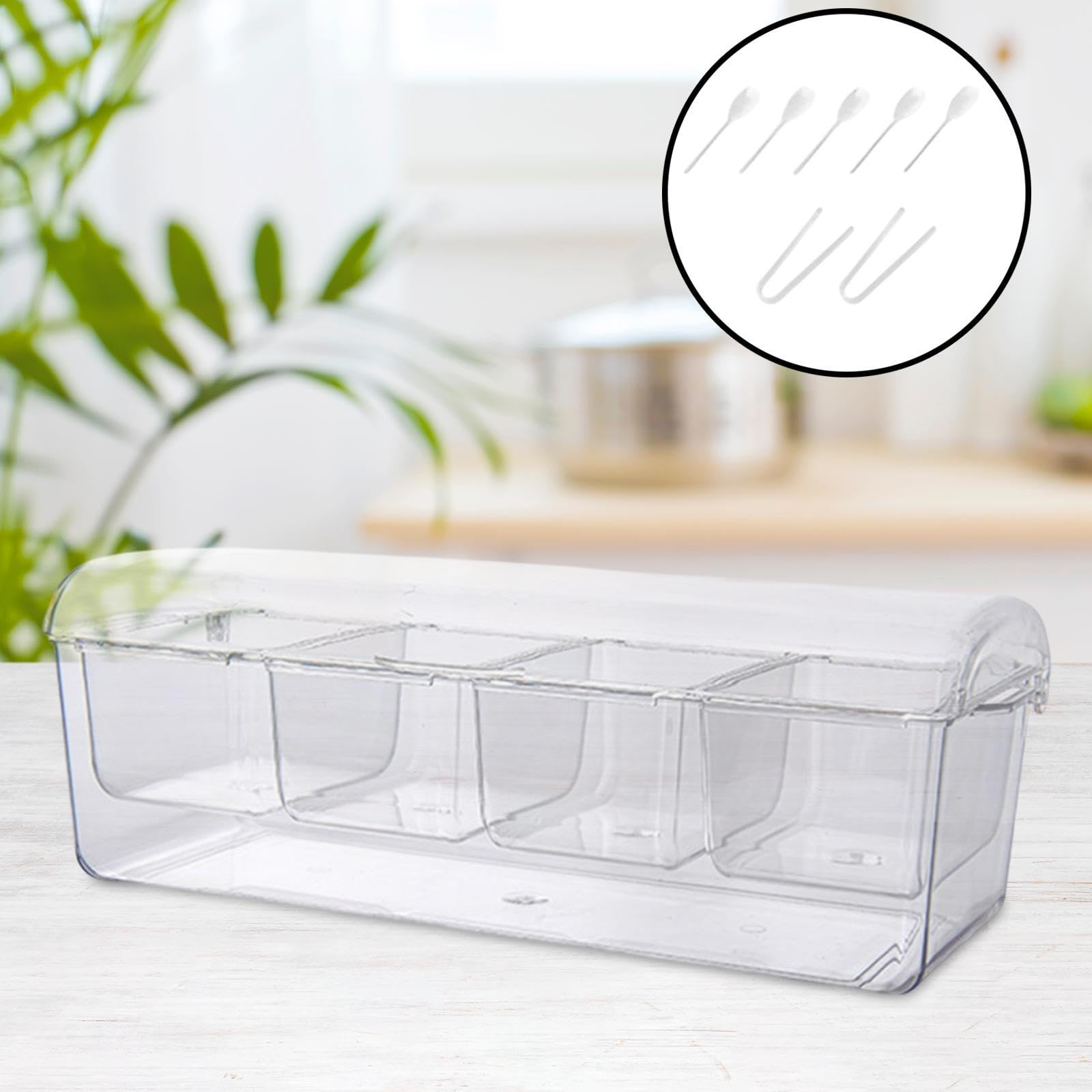 Bandeja Refrigerada para Condimentos, Bandeja Transparente para Hielo con Compartimentos Desmontables para Servir Salsas, Frutas, Ensaladas, Pinzas Y, 4 Rejillas, Individual