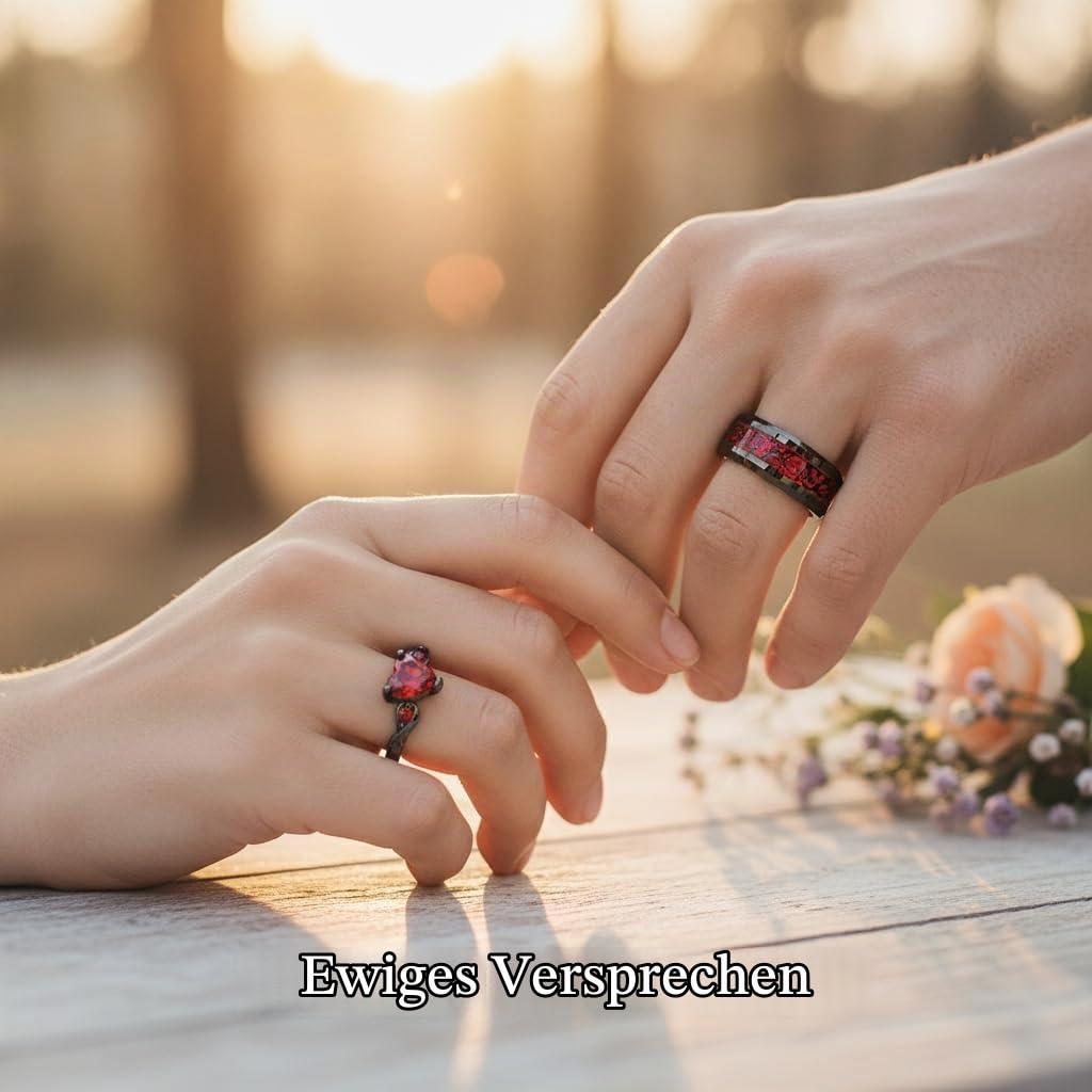 Custom Couple Rings Tungsten Matching Promise Rings for Him and Her Red and Black Wedding Rings for Couples Set Personalized Heart CZ Engagement Rings
