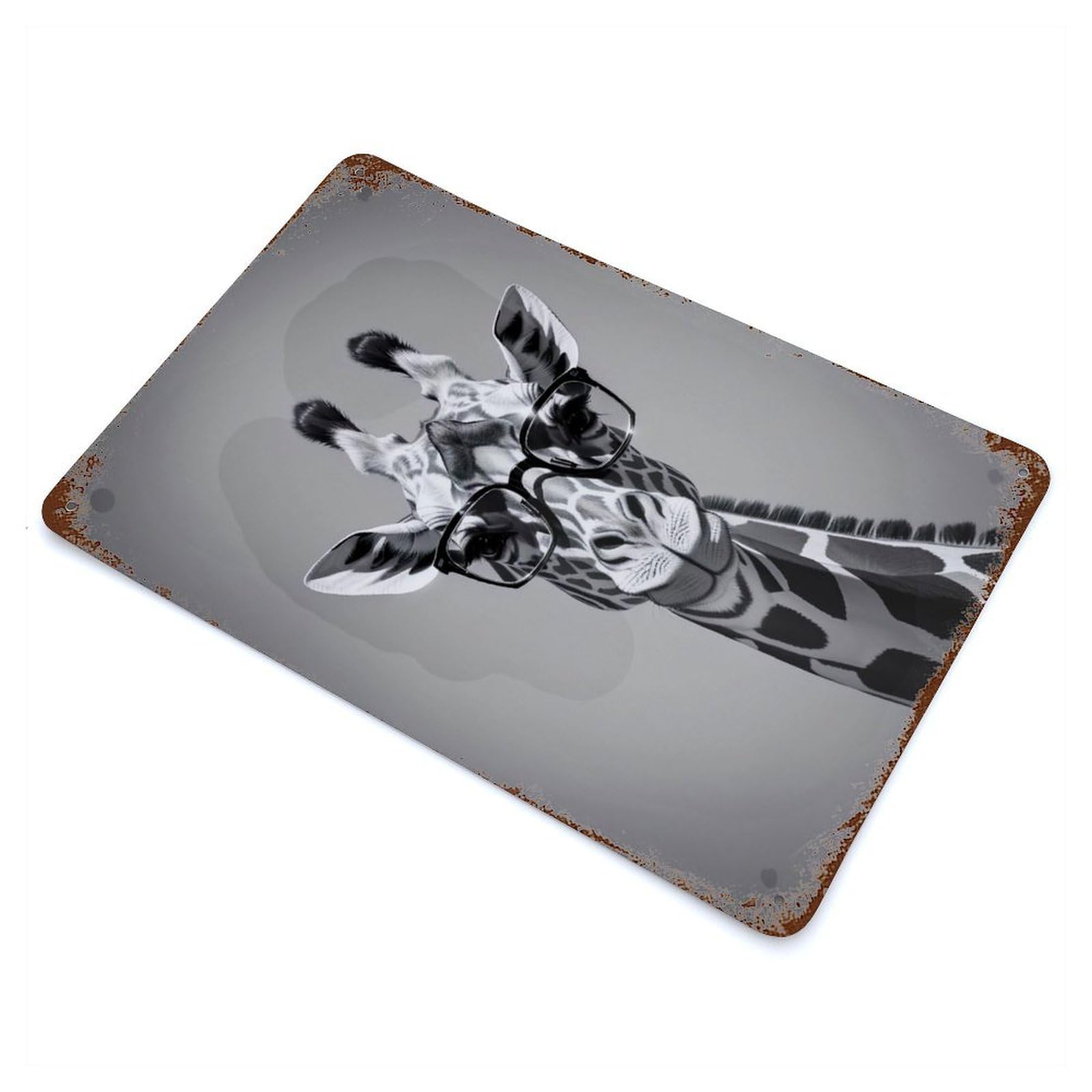 Rust Effect Giraffe Black And White Aged Metal Wall Plaque 11.8"x7.9", Farmhouse Wall Decor for Office, Studio And Wall Decor
