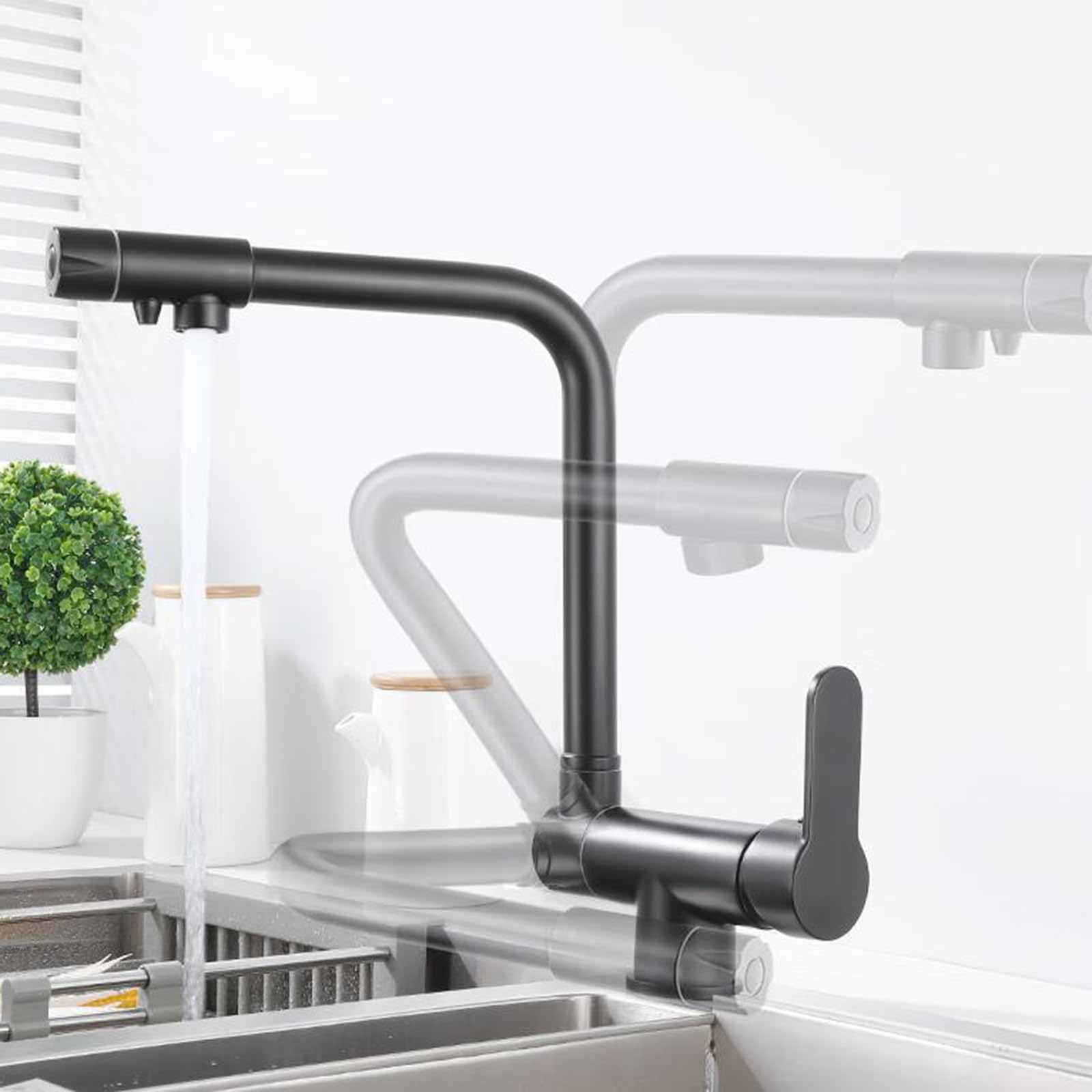 Kitchen tap 3 Way Swivel hot and Cold Water Purified Water 3 in 1 Brass Kitchen taps-Brushed (Black A)